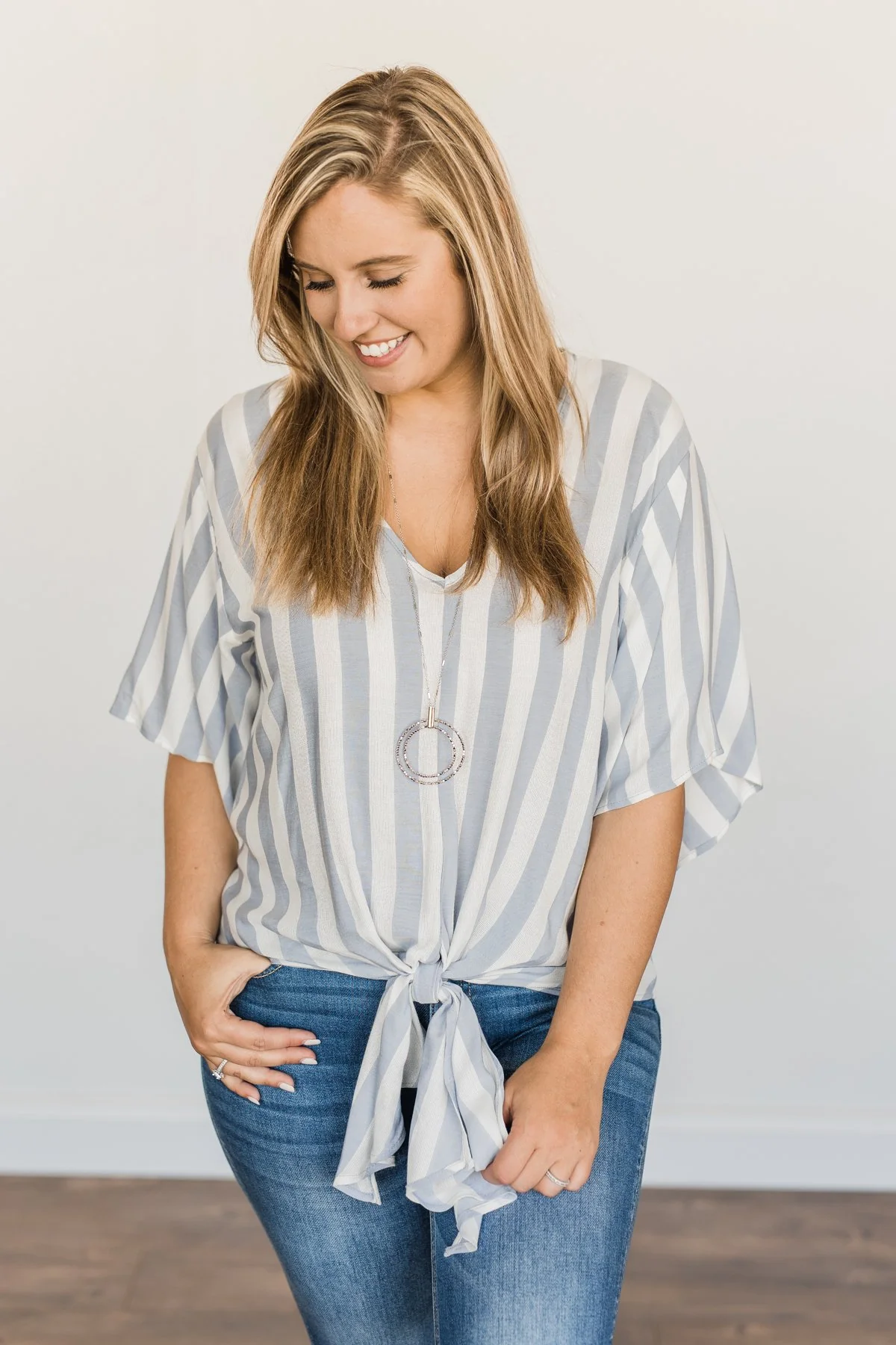 Born To Lead Front Tie Blouse- Dusty Blue & Ivory - Image 6
