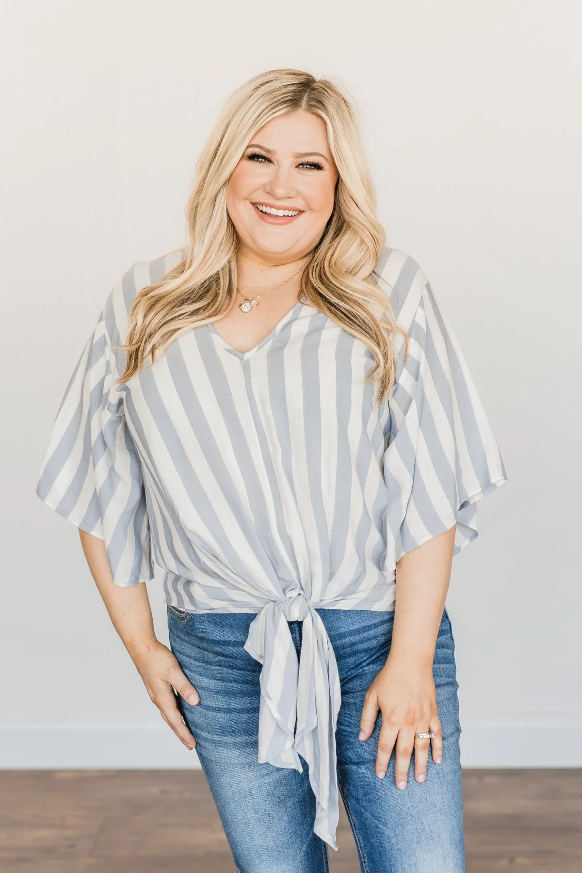 Born To Lead Front Tie Blouse- Dusty Blue & Ivory - Image 7