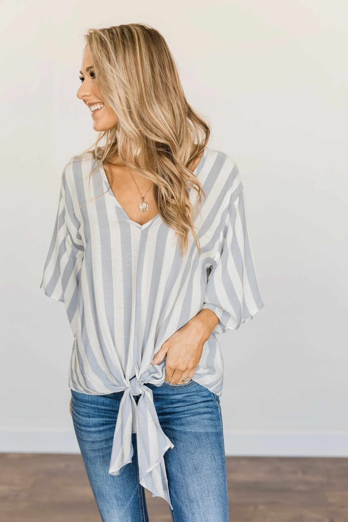 Born To Lead Front Tie Blouse- Dusty Blue & Ivory - Image 8