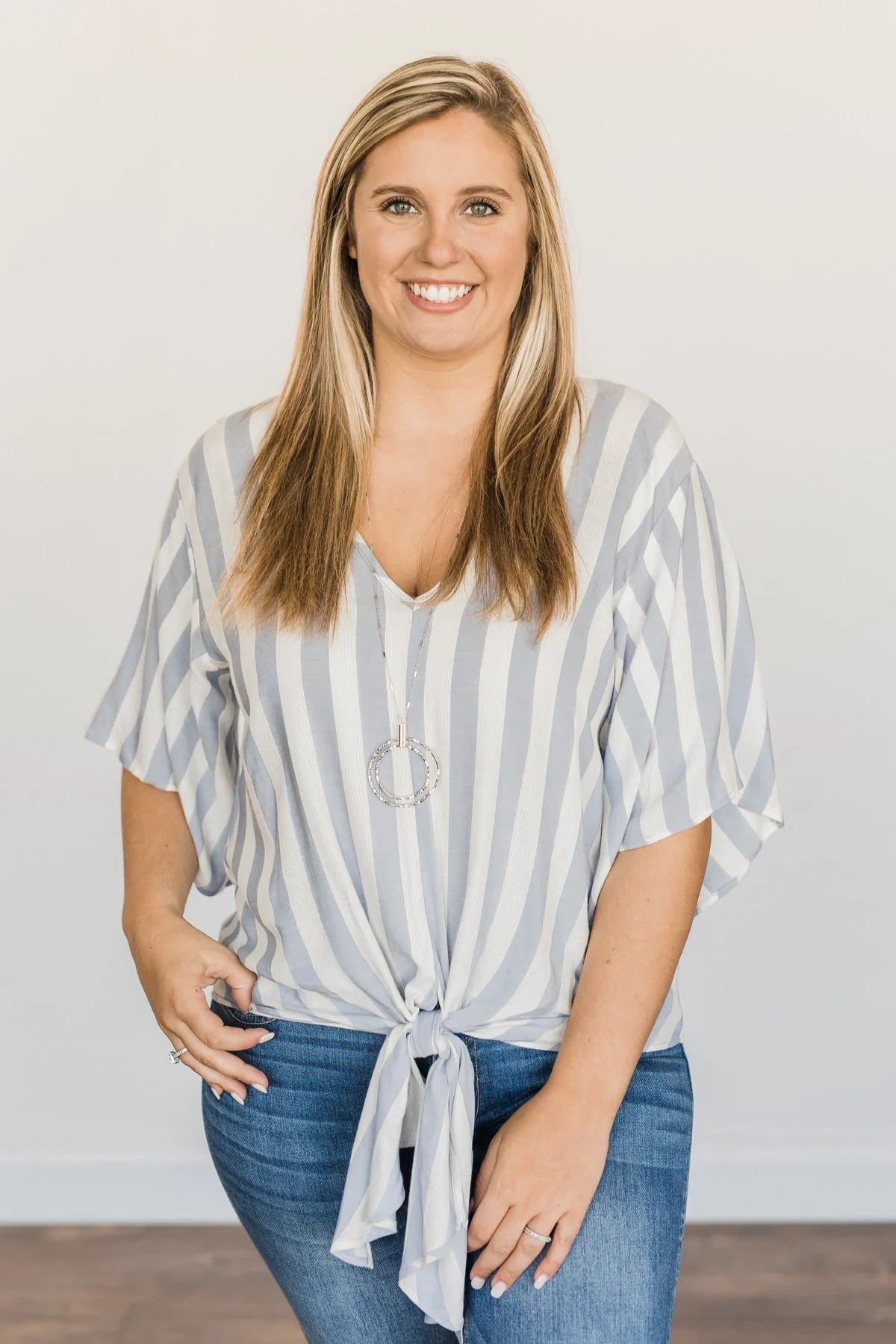 Born To Lead Front Tie Blouse- Dusty Blue & Ivory - Image 9