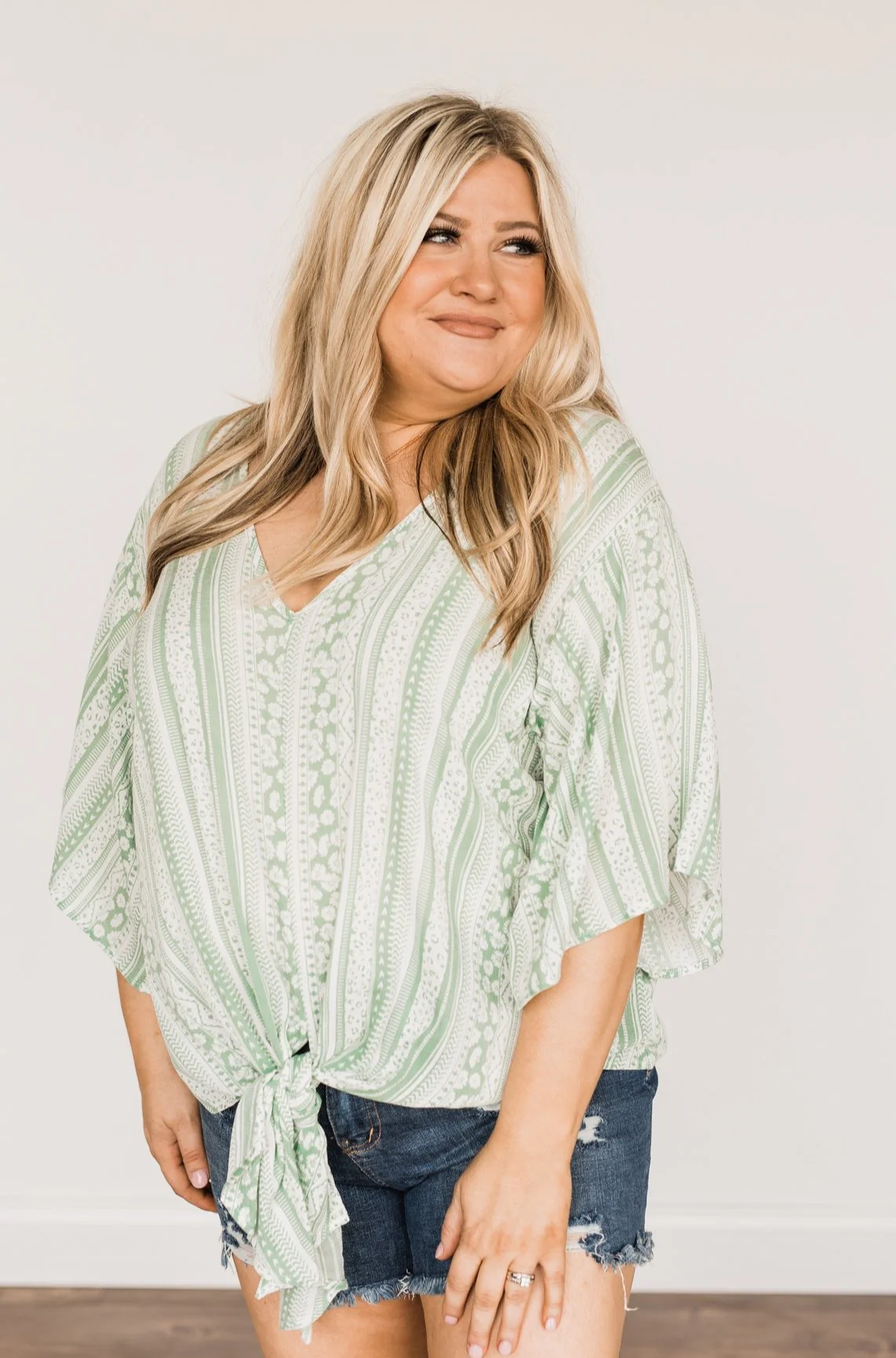 Born To Lead Front Tie Blouse- Sage & Ivory - Image 6