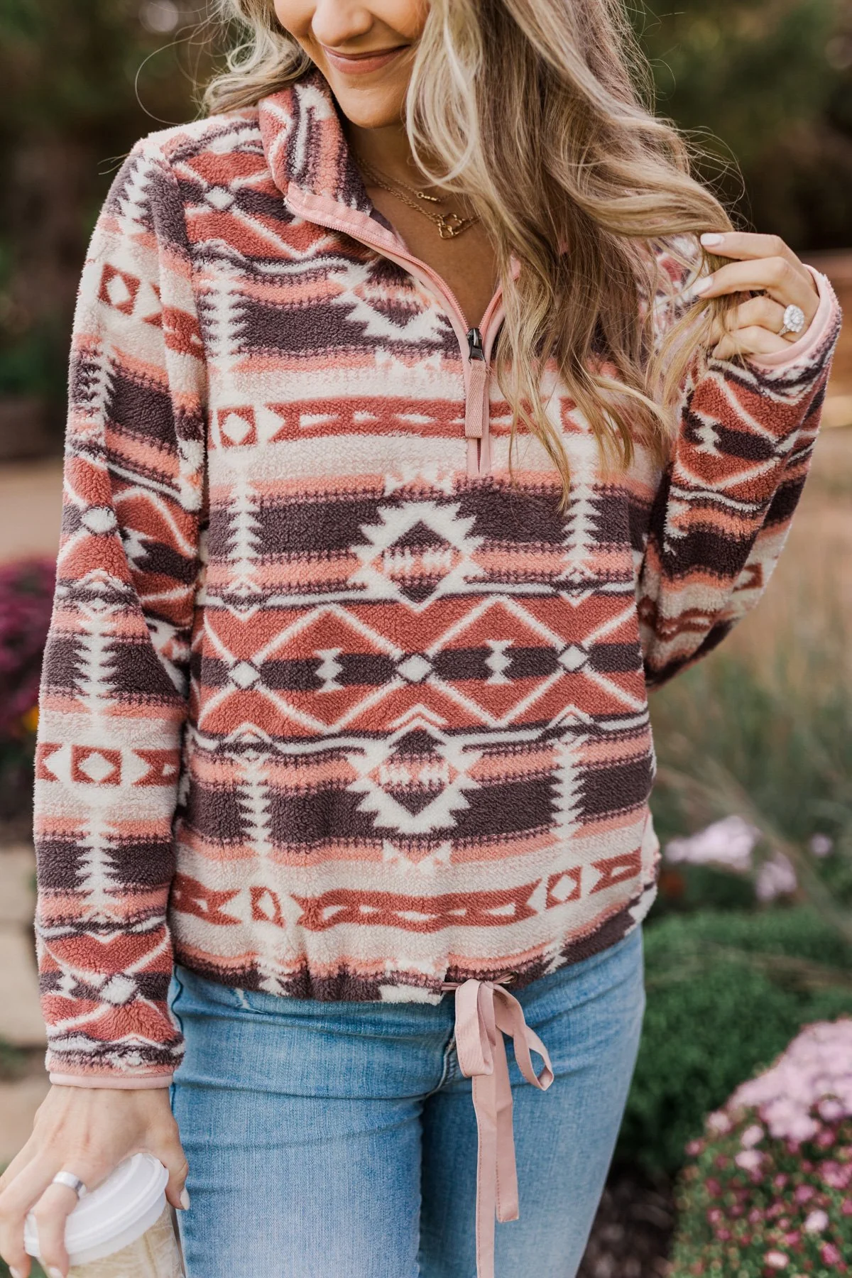 Born To Roam Aztec Sherpa Pullover- Mauve Pink