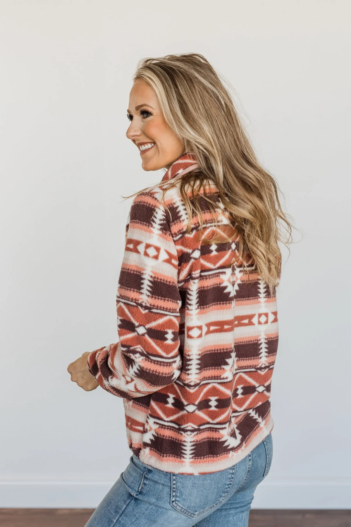Born To Roam Aztec Sherpa Pullover- Mauve Pink - Image 9