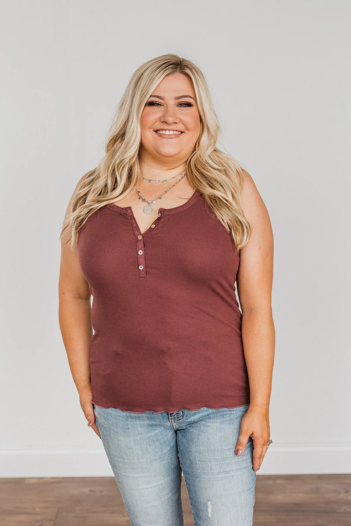 Bound To Be Beautiful Button Henley Tank Top- Brick - Image 3