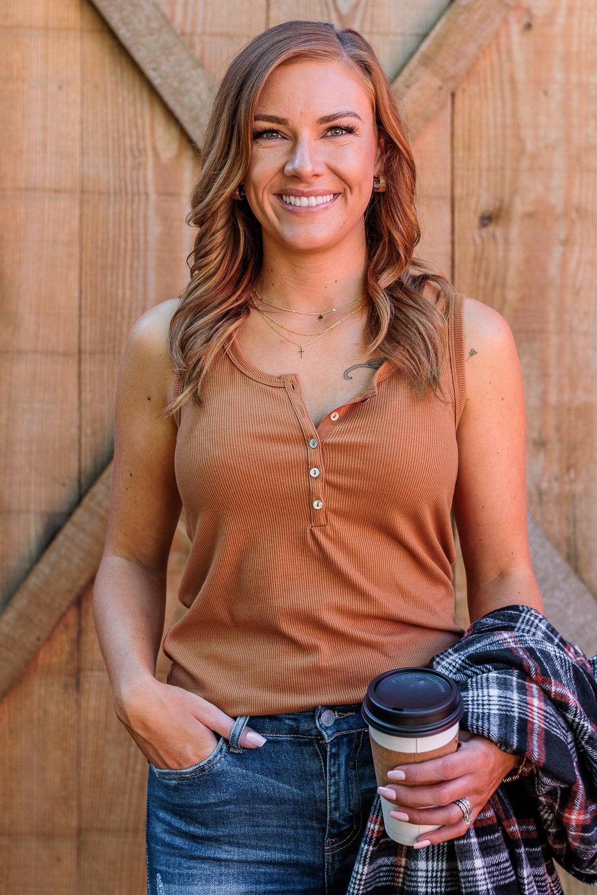 Bound To Be Beautiful Button Henley Tank Top- Dark Camel - Image 2