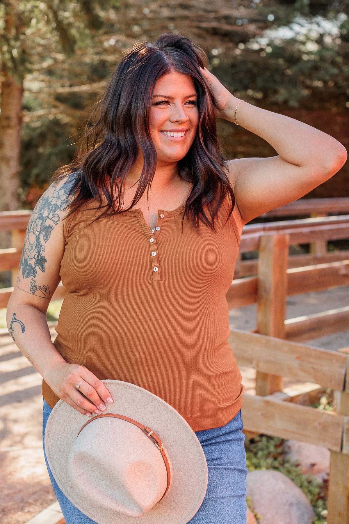 Bound To Be Beautiful Button Henley Tank Top- Dark Camel - Image 3