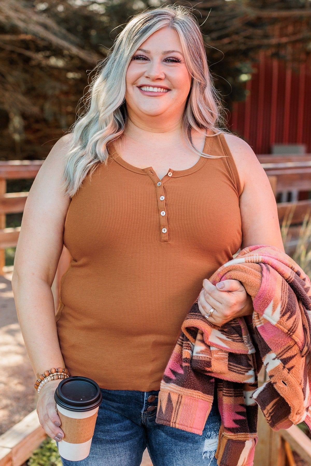 Bound To Be Beautiful Button Henley Tank Top- Dark Camel - Image 4