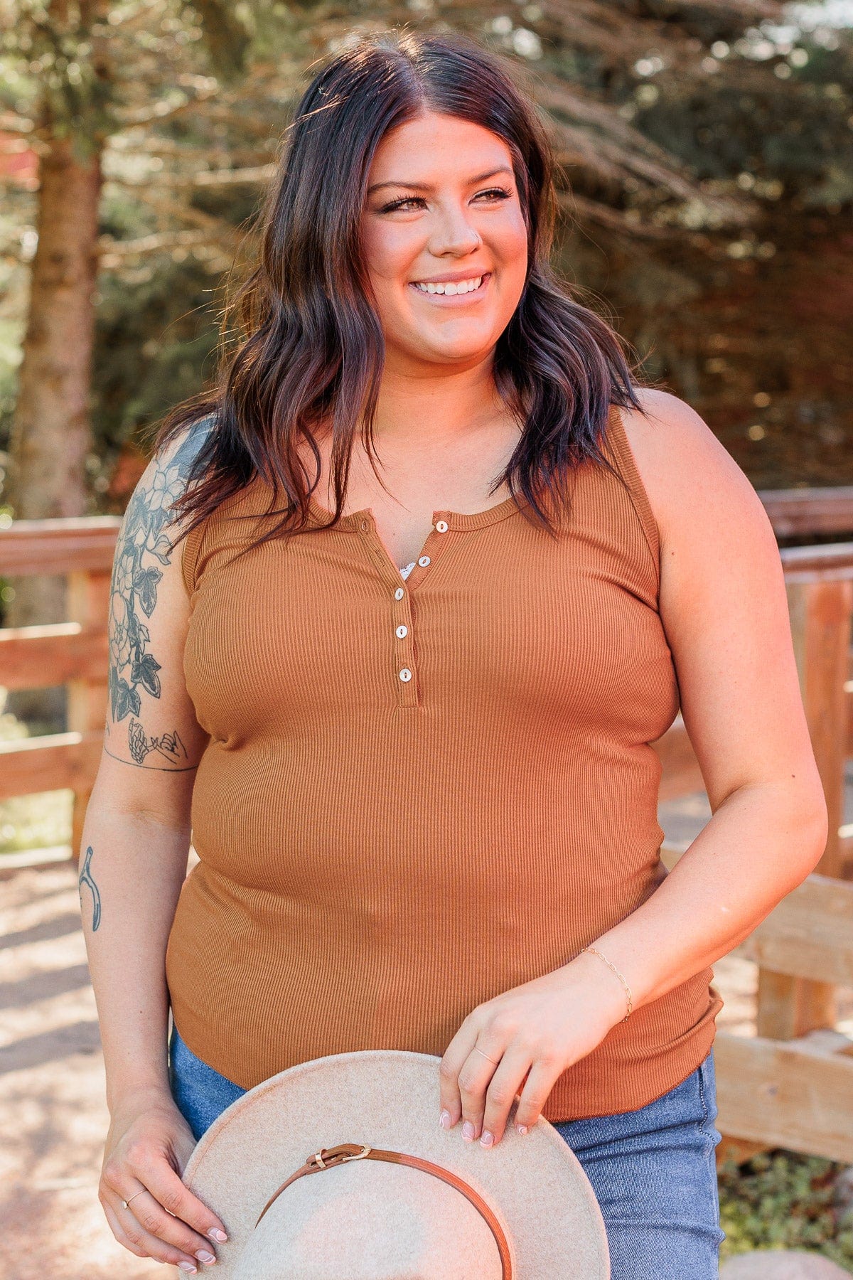 Bound To Be Beautiful Button Henley Tank Top- Dark Camel - Image 6