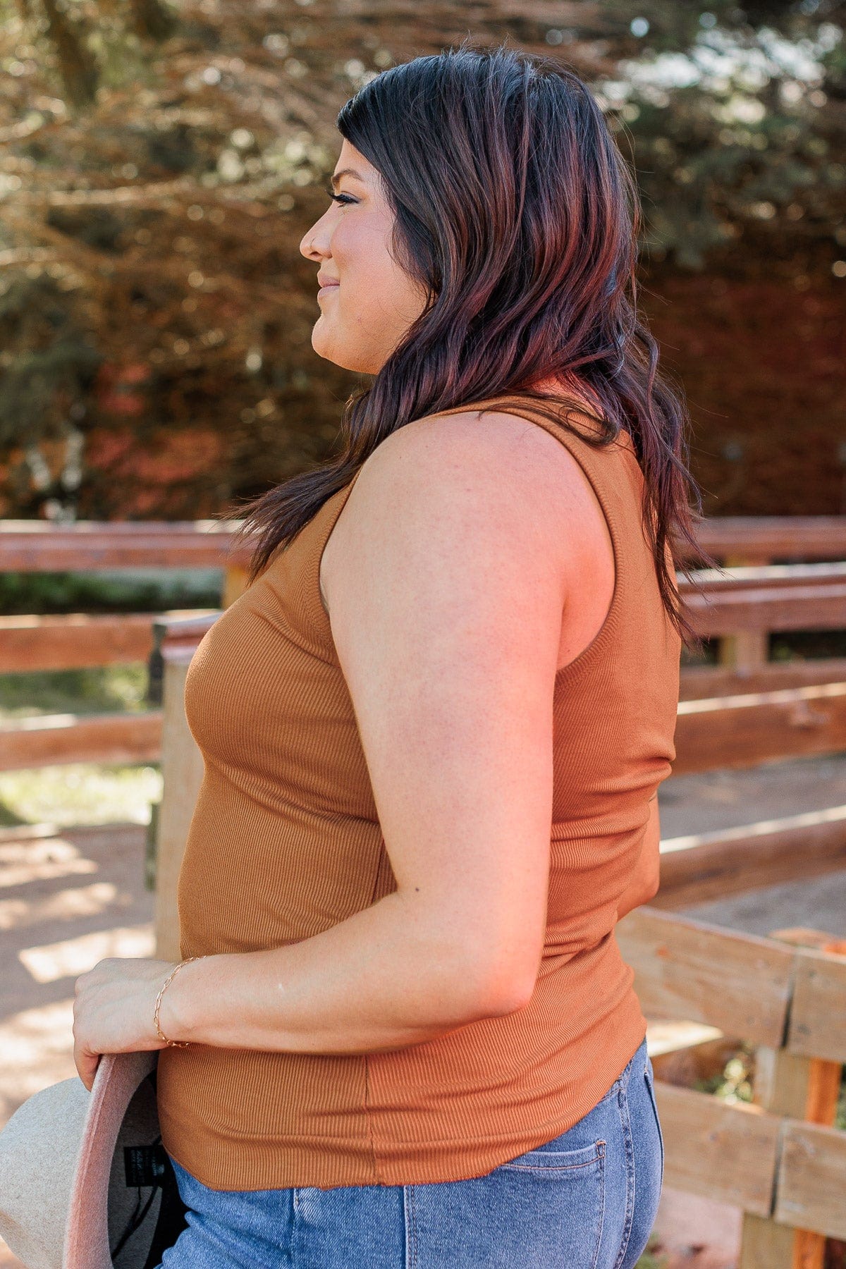 Bound To Be Beautiful Button Henley Tank Top- Dark Camel - Image 8