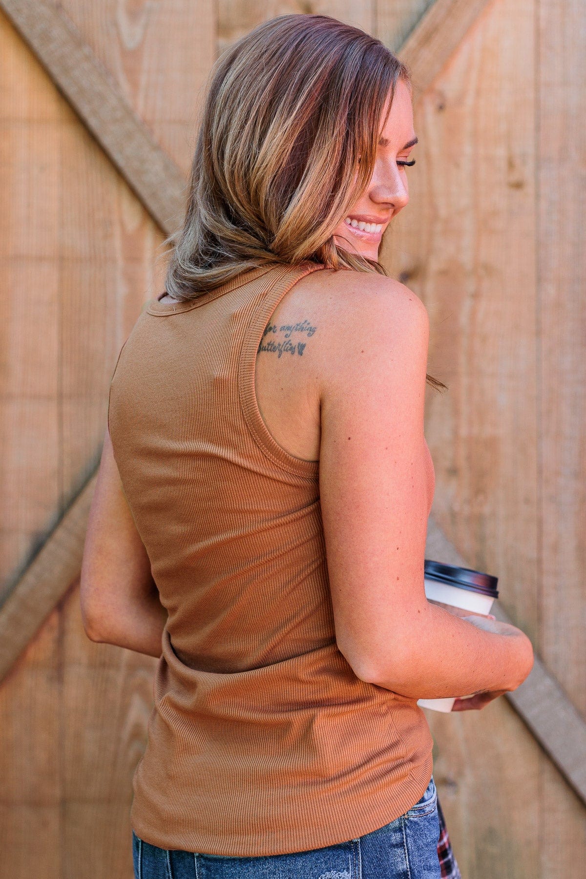 Bound To Be Beautiful Button Henley Tank Top- Dark Camel - Image 9