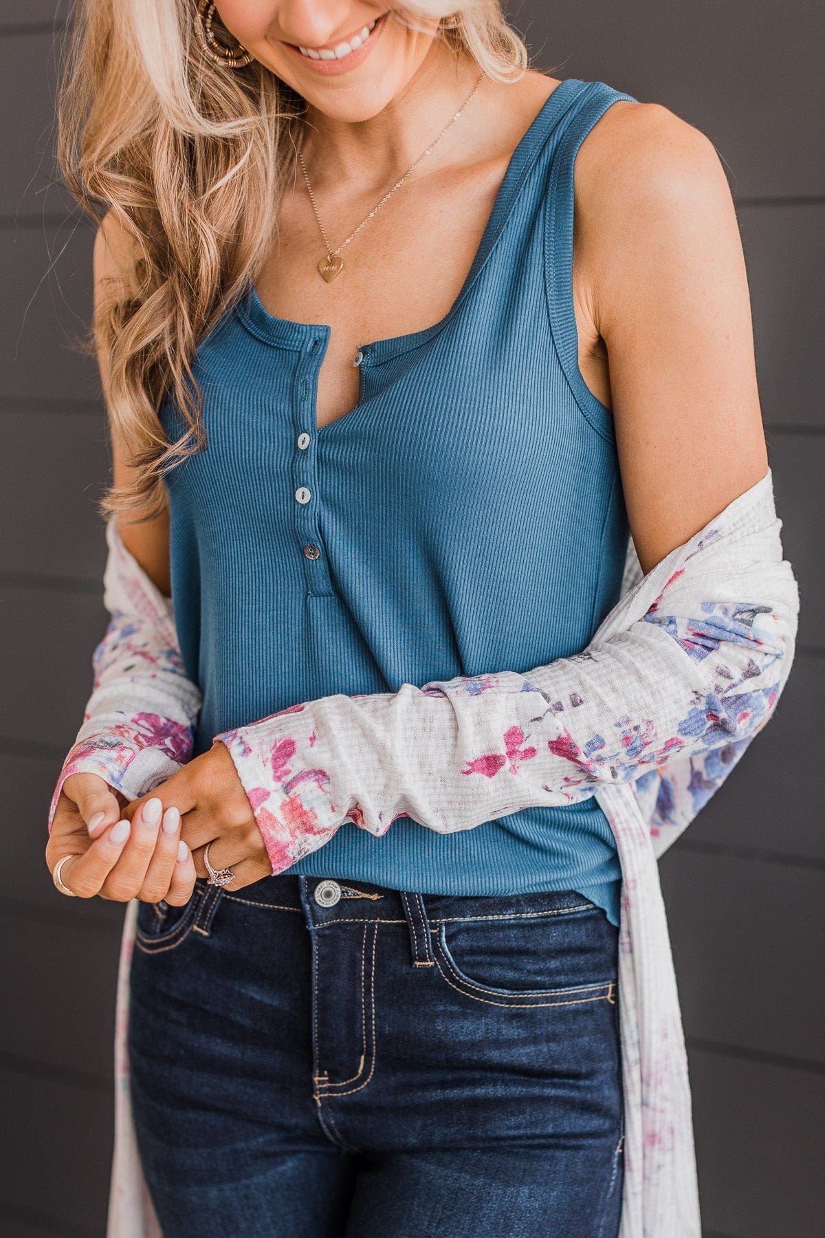 Bound To Be Beautiful Button Henley Tank Top- Dark Teal - Image 2
