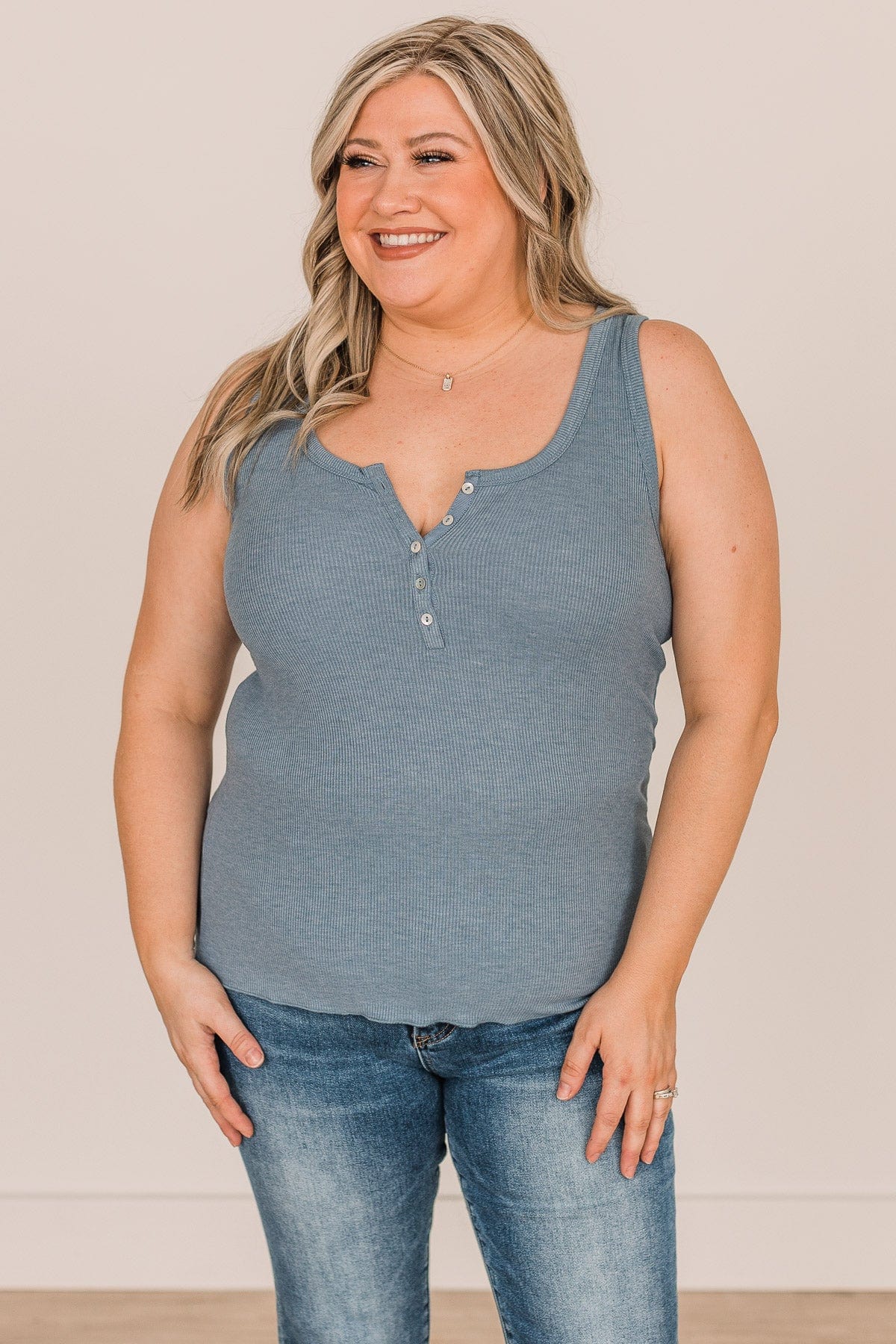 Bound To Be Beautiful Button Henley Tank Top- Denim Blue - Image 4