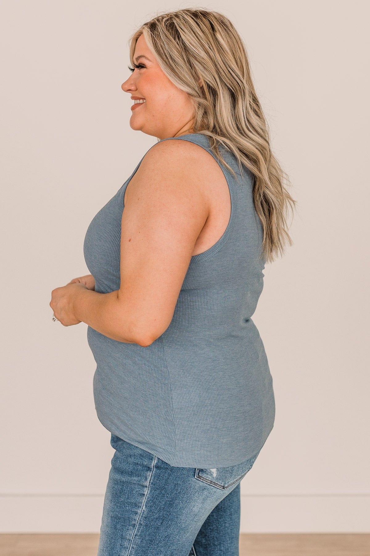 Bound To Be Beautiful Button Henley Tank Top- Denim Blue - Image 6