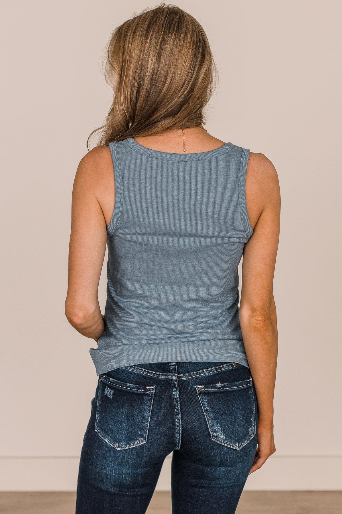 Bound To Be Beautiful Button Henley Tank Top- Denim Blue - Image 7