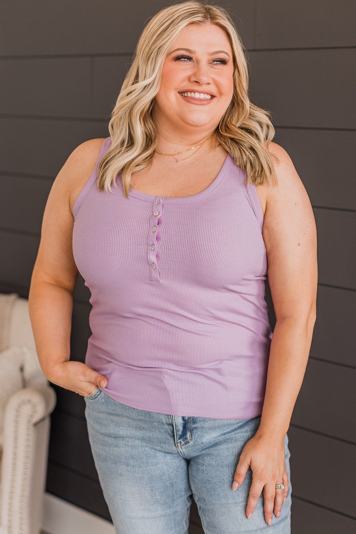 Bound To Be Beautiful Button Henley Tank Top- Lavender - Image 4