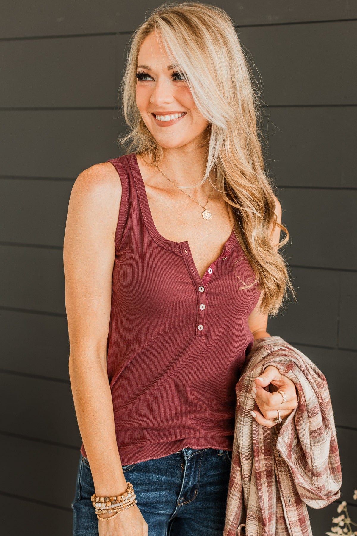 Bound To Be Beautiful Henley Tank Top- Burgundy - Image 2