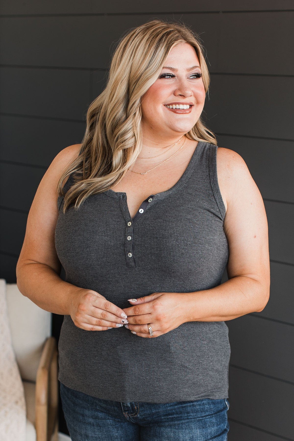 Bound To Be Beautiful Henley Tank Top- Charcoal - Image 2
