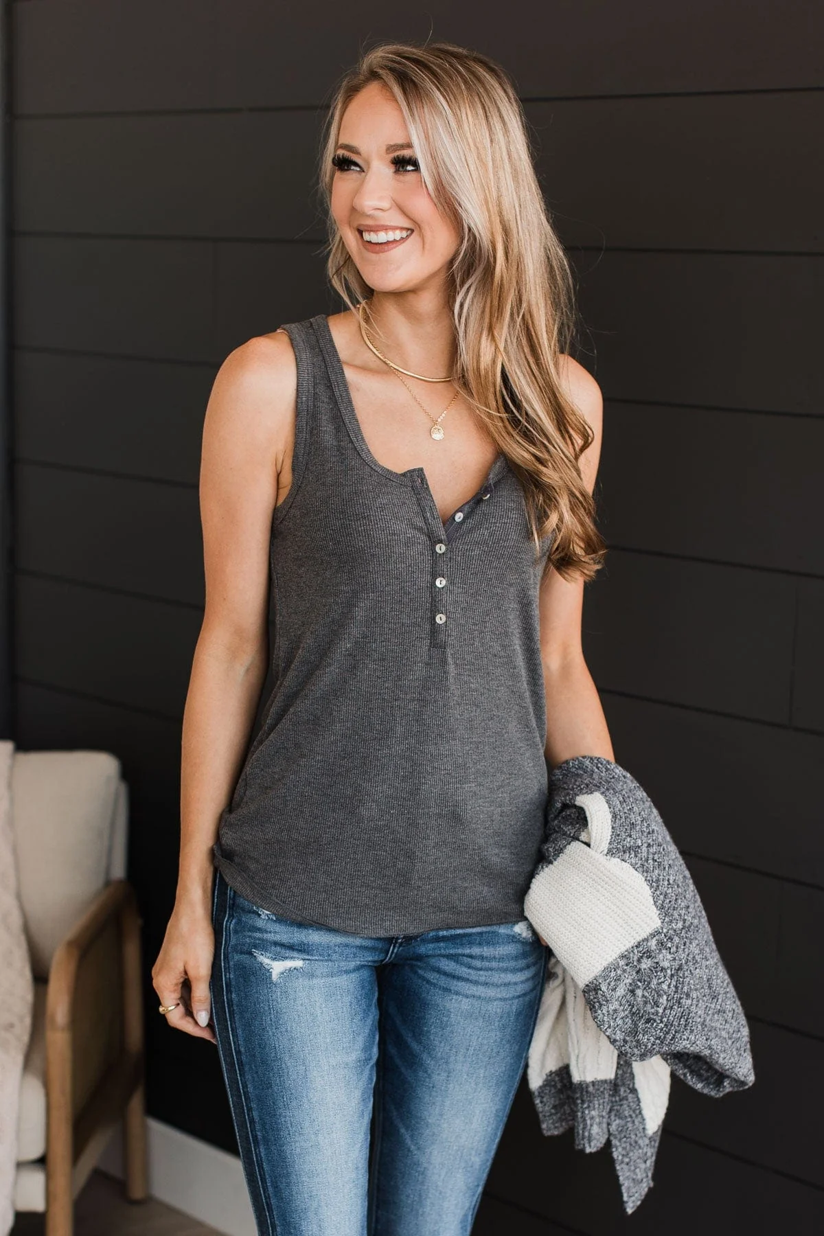 Bound To Be Beautiful Henley Tank Top- Charcoal - Image 3