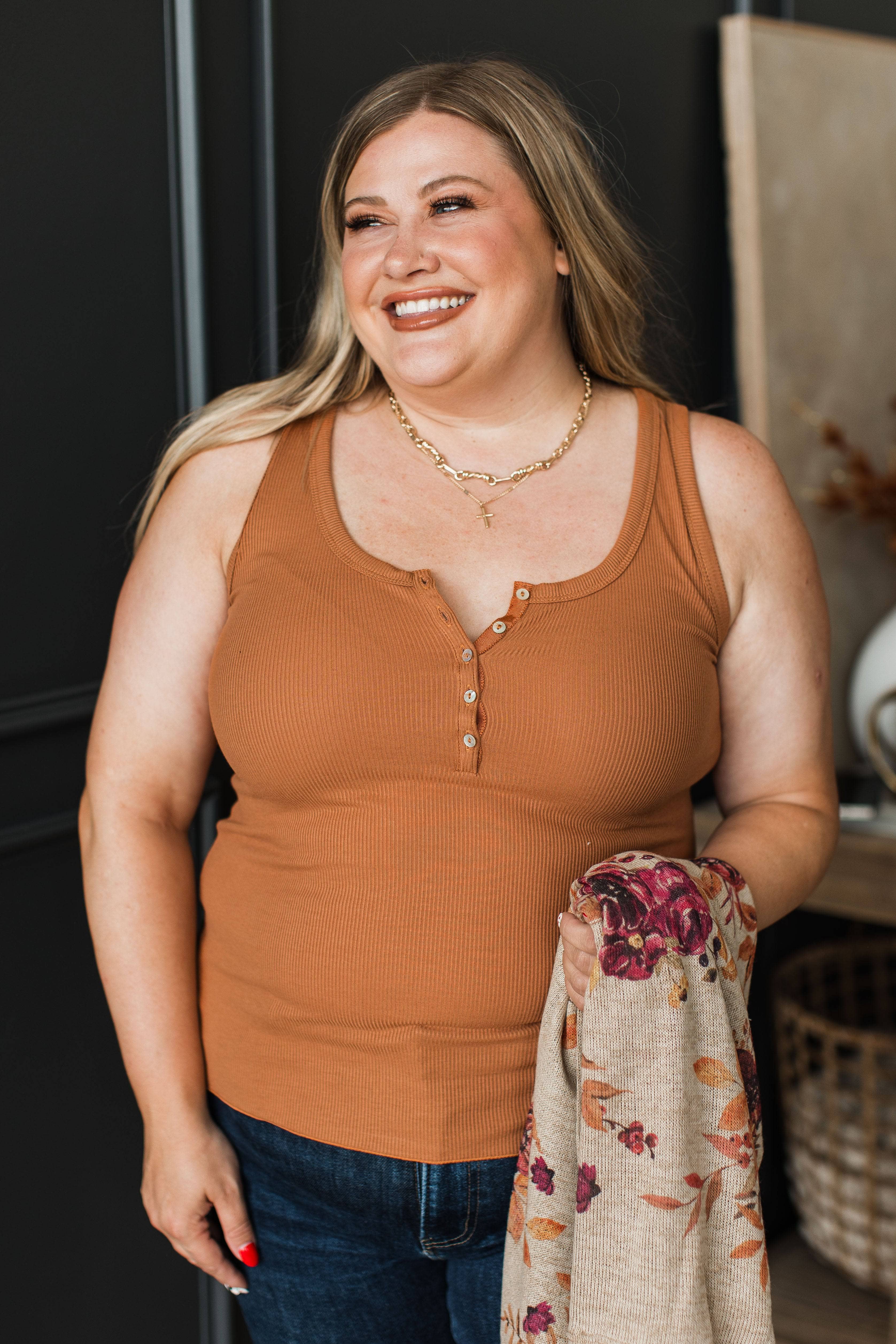 Bound To Be Beautiful Henley Tank Top- Ginger - Image 2