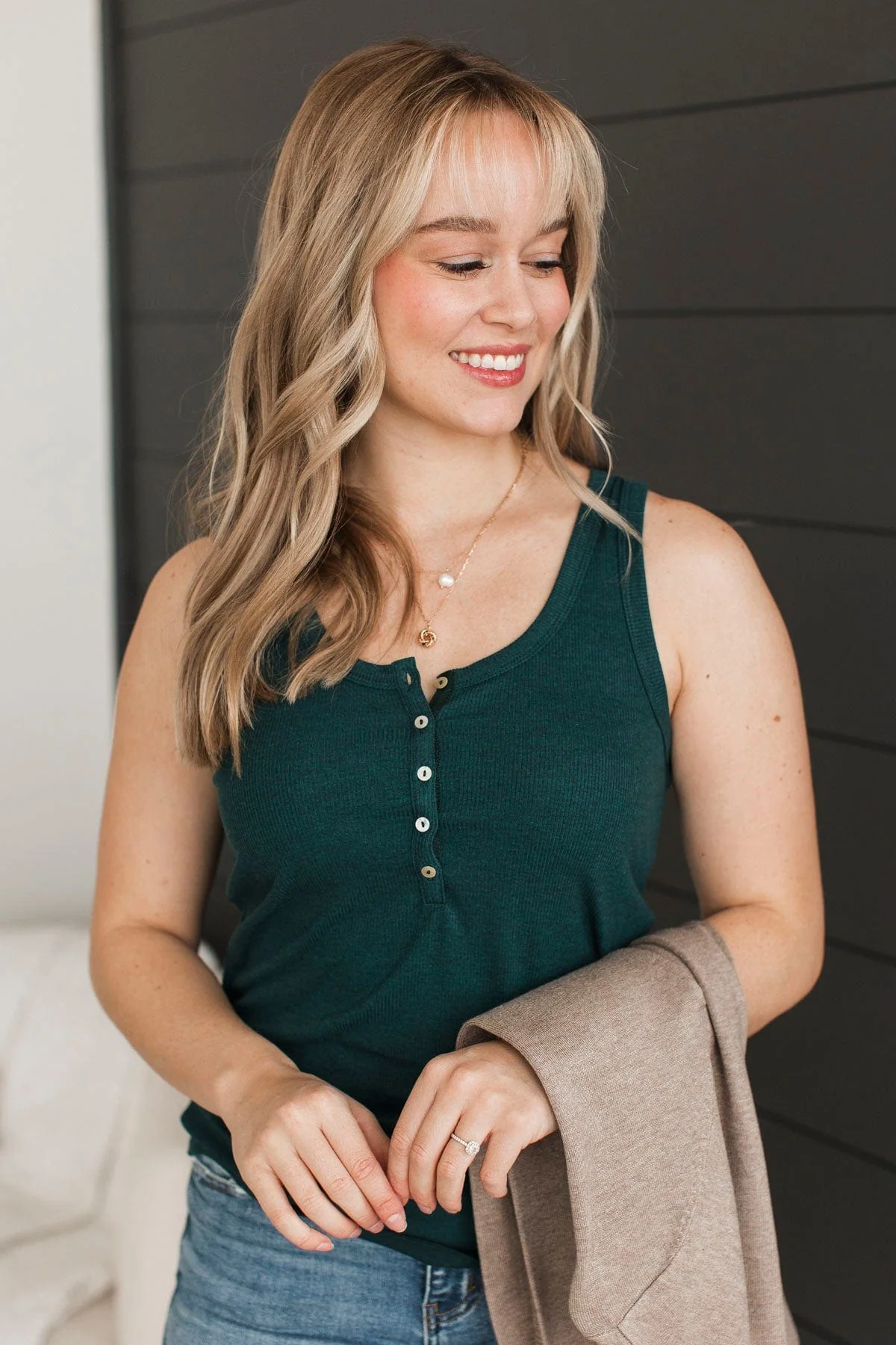 Bound To Be Beautiful Henley Tank Top- Hunter Green - Image 2