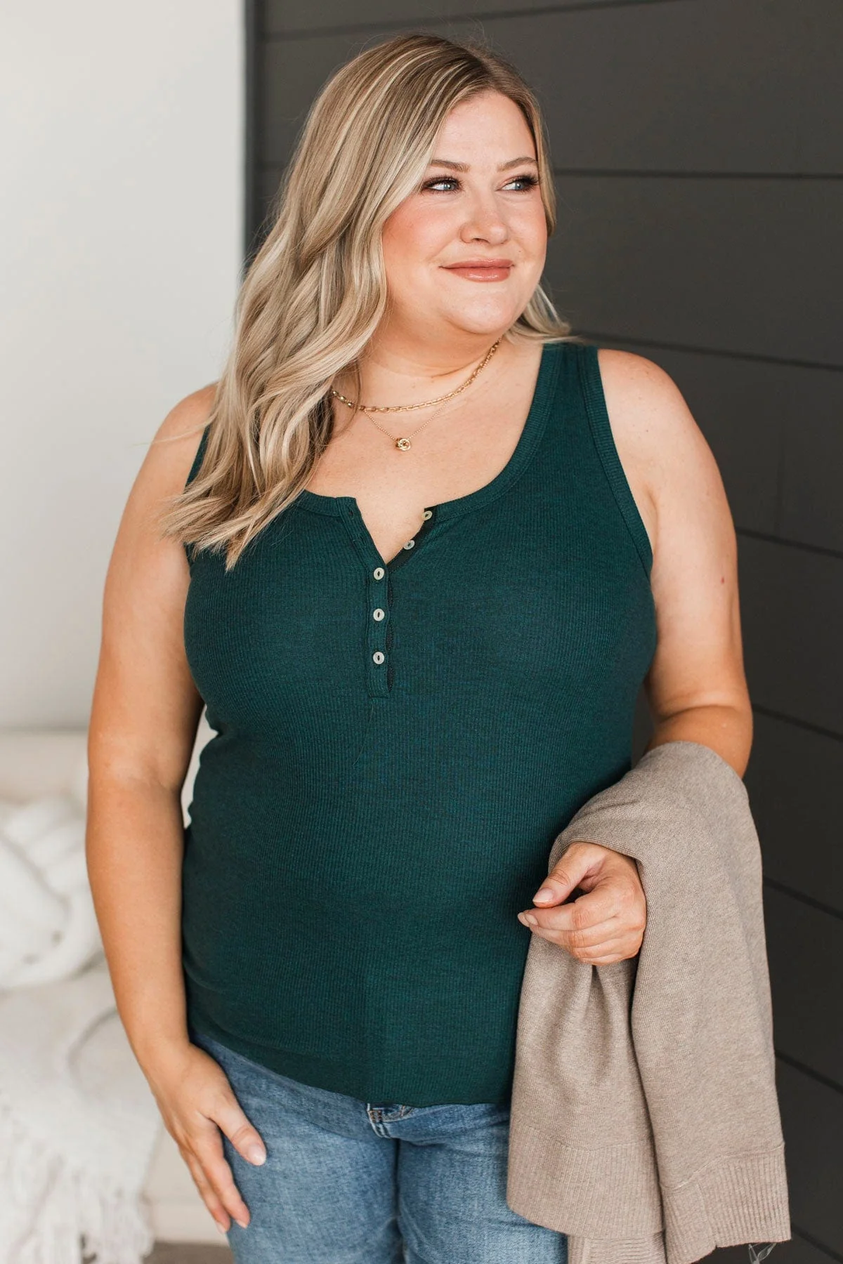 Bound To Be Beautiful Henley Tank Top- Hunter Green - Image 3