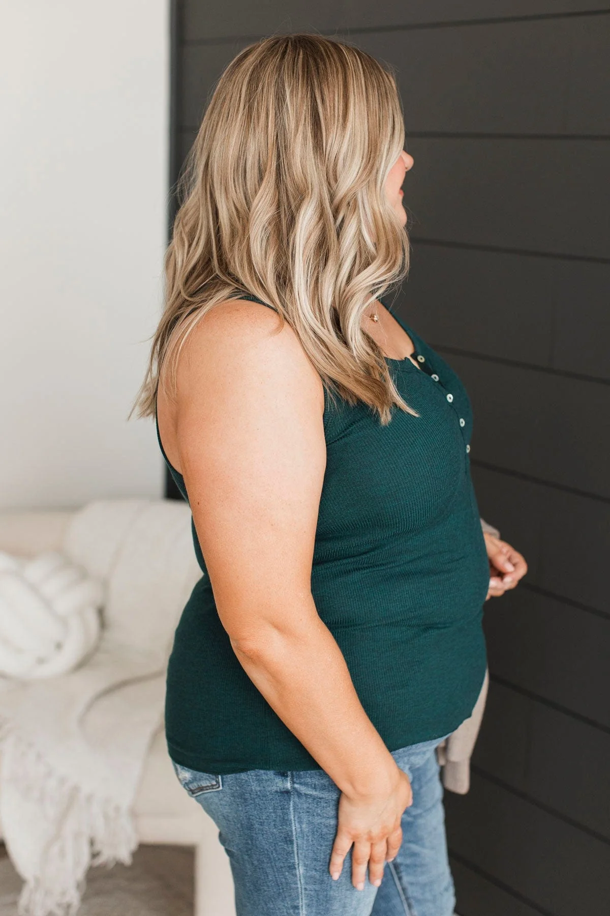 Bound To Be Beautiful Henley Tank Top- Hunter Green - Image 5