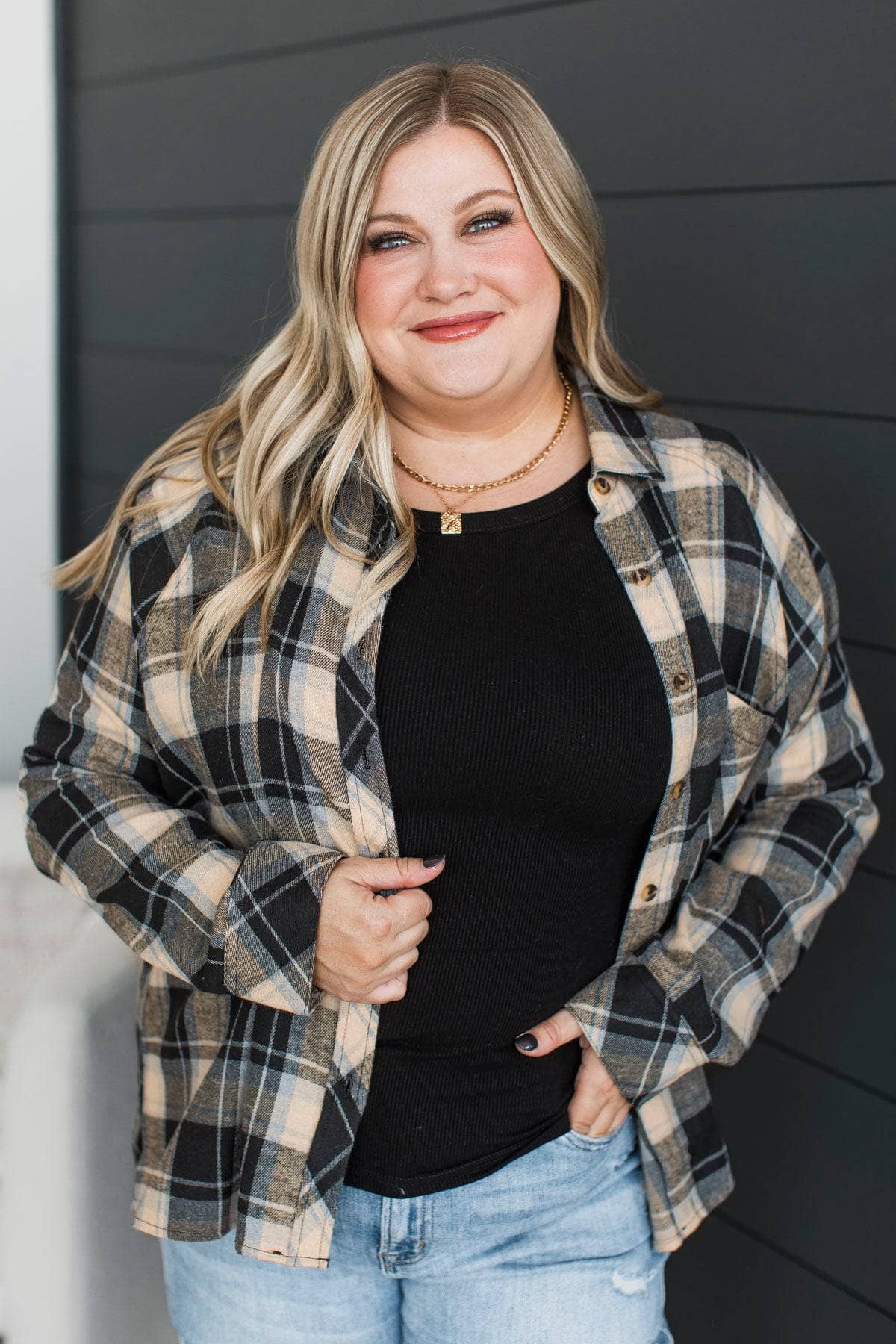 Boundless Joy Plaid Button Top- Black