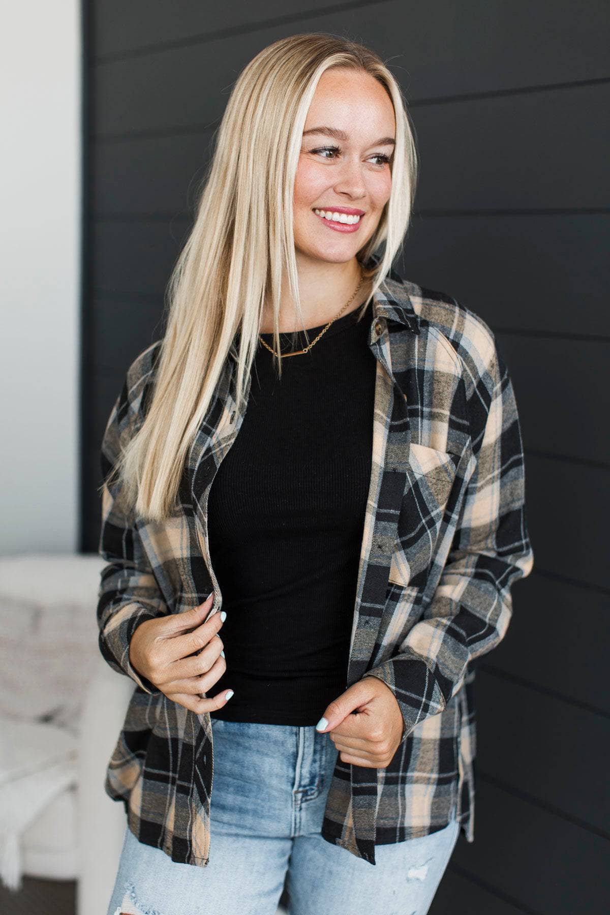 Boundless Joy Plaid Button Top- Black - Image 2