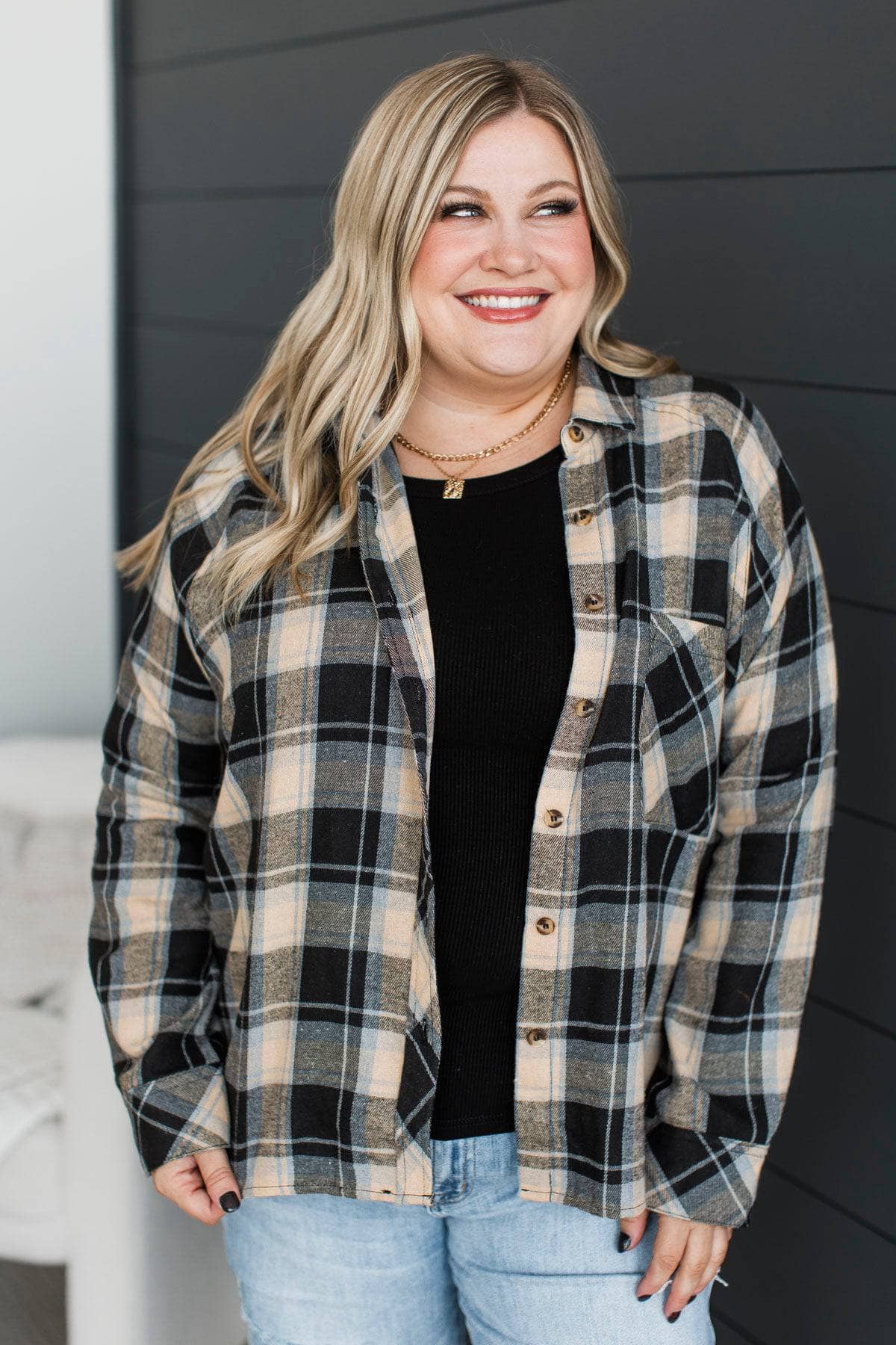 Boundless Joy Plaid Button Top- Black - Image 3