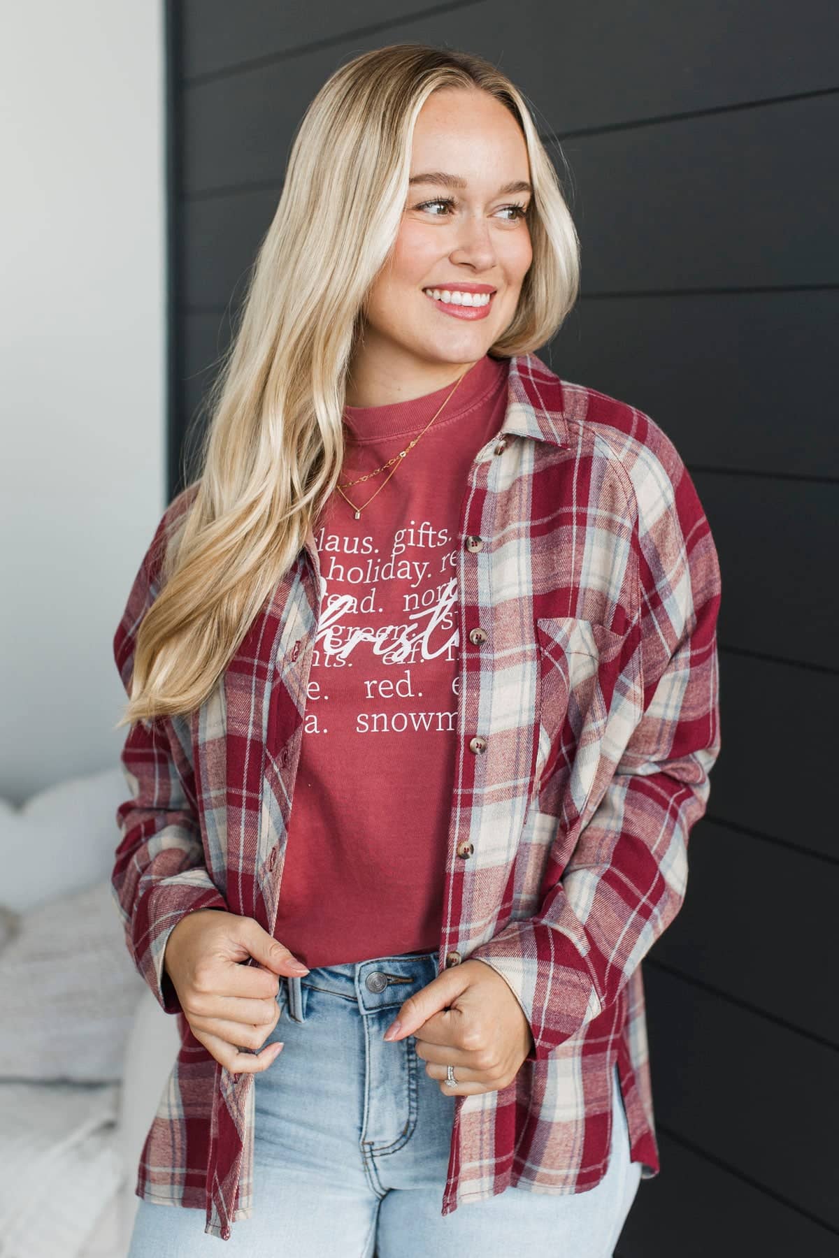 Boundless Joy Plaid Button Top- Burgundy - Image 2