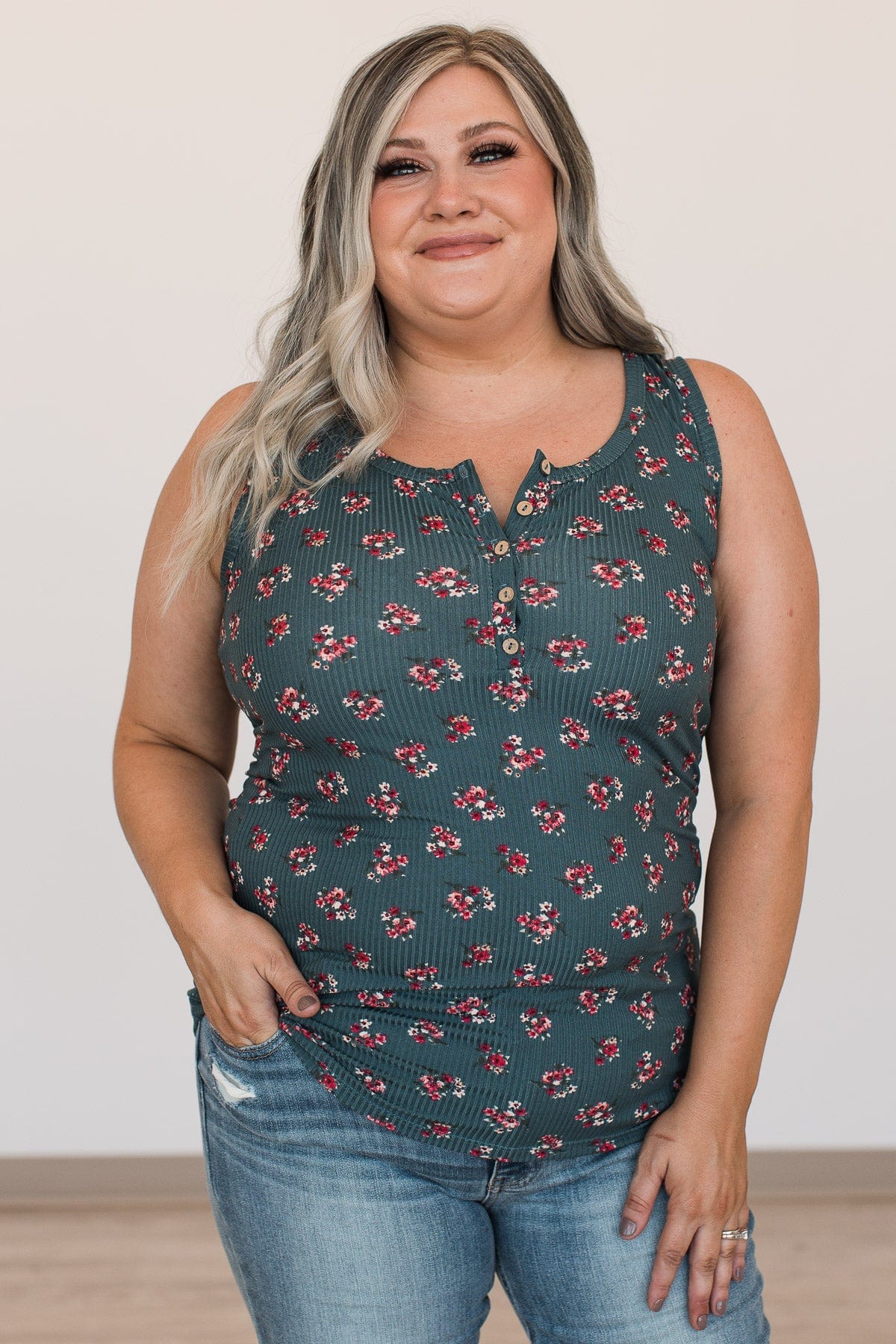 Bountiful Smiles Floral Tank Top- Dark Teal - Image 2