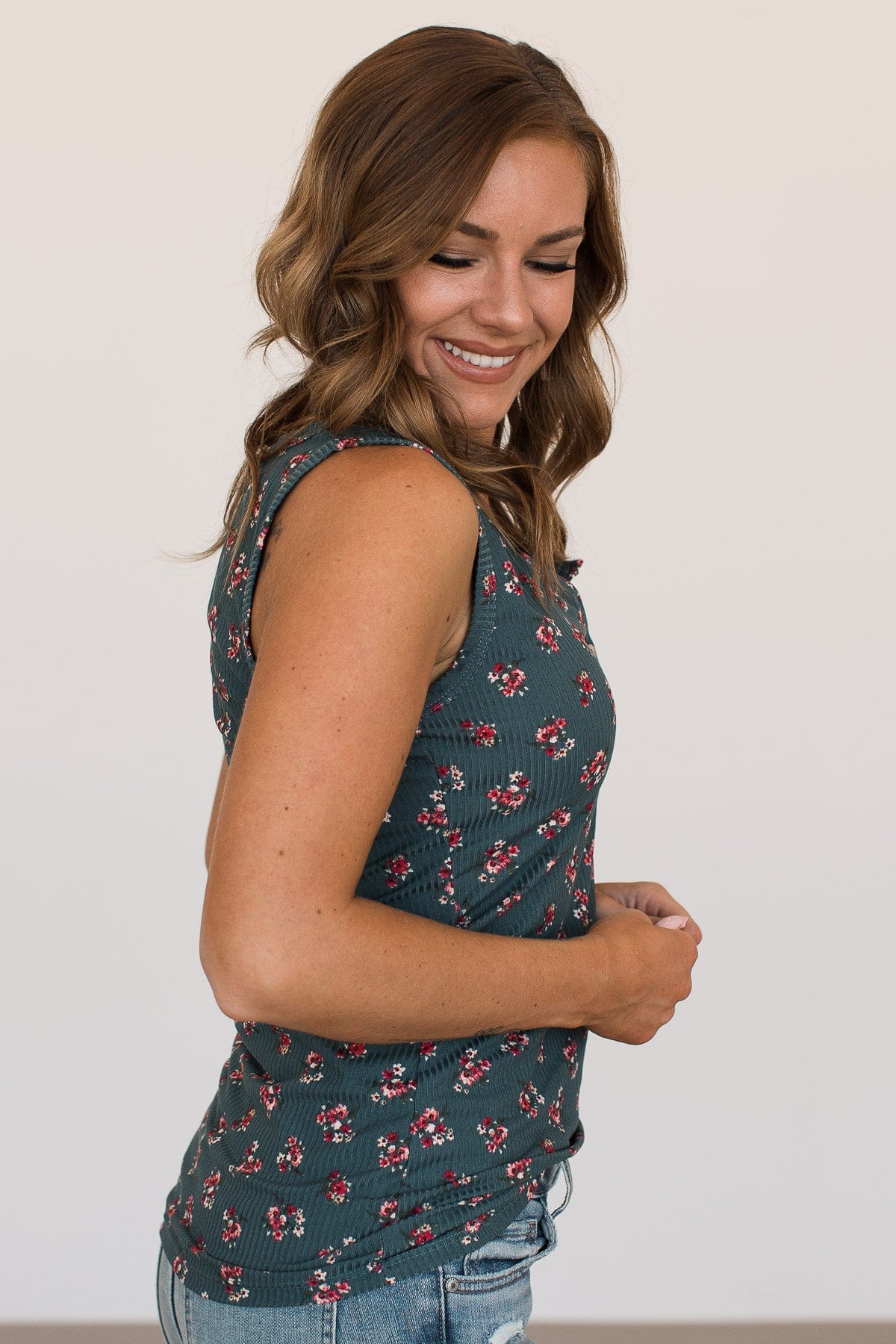 Bountiful Smiles Floral Tank Top- Dark Teal - Image 7