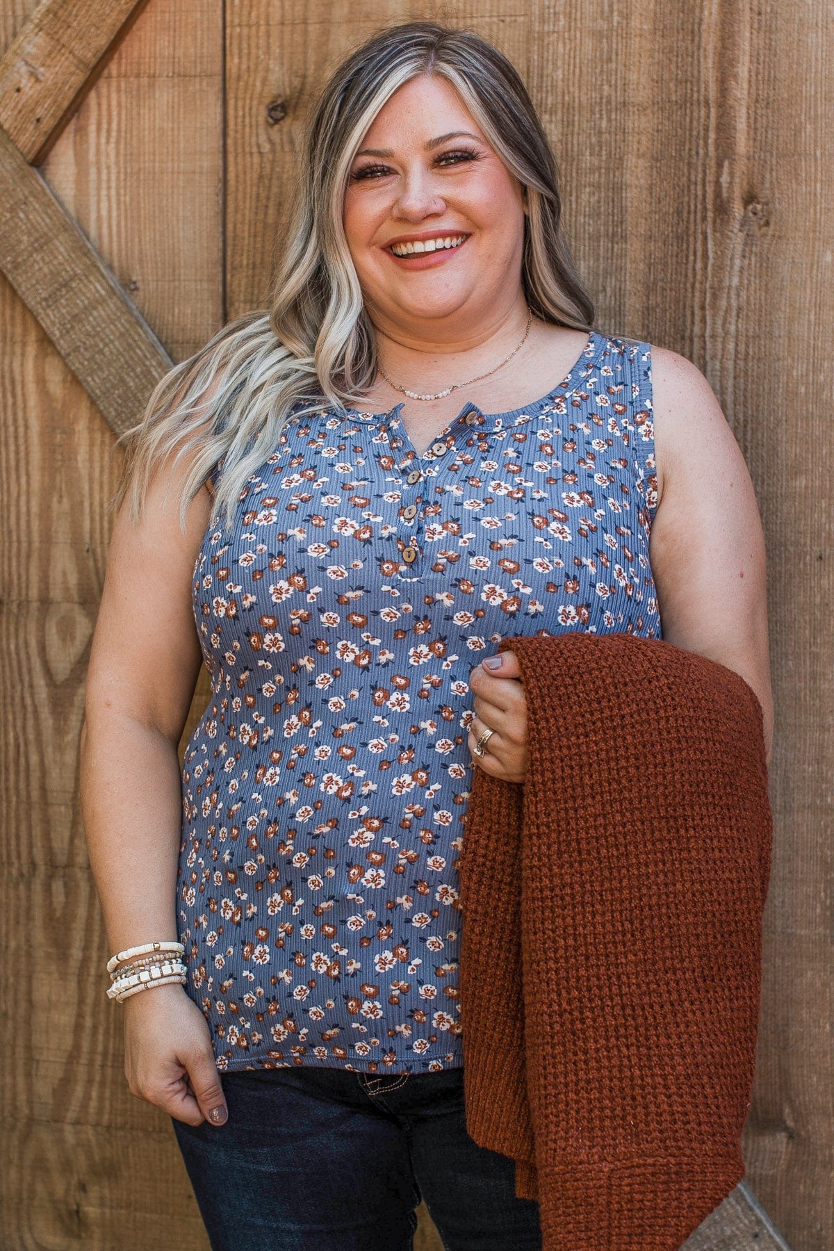 Bountiful Smiles Floral Tank Top- Dusty Blue - Image 3