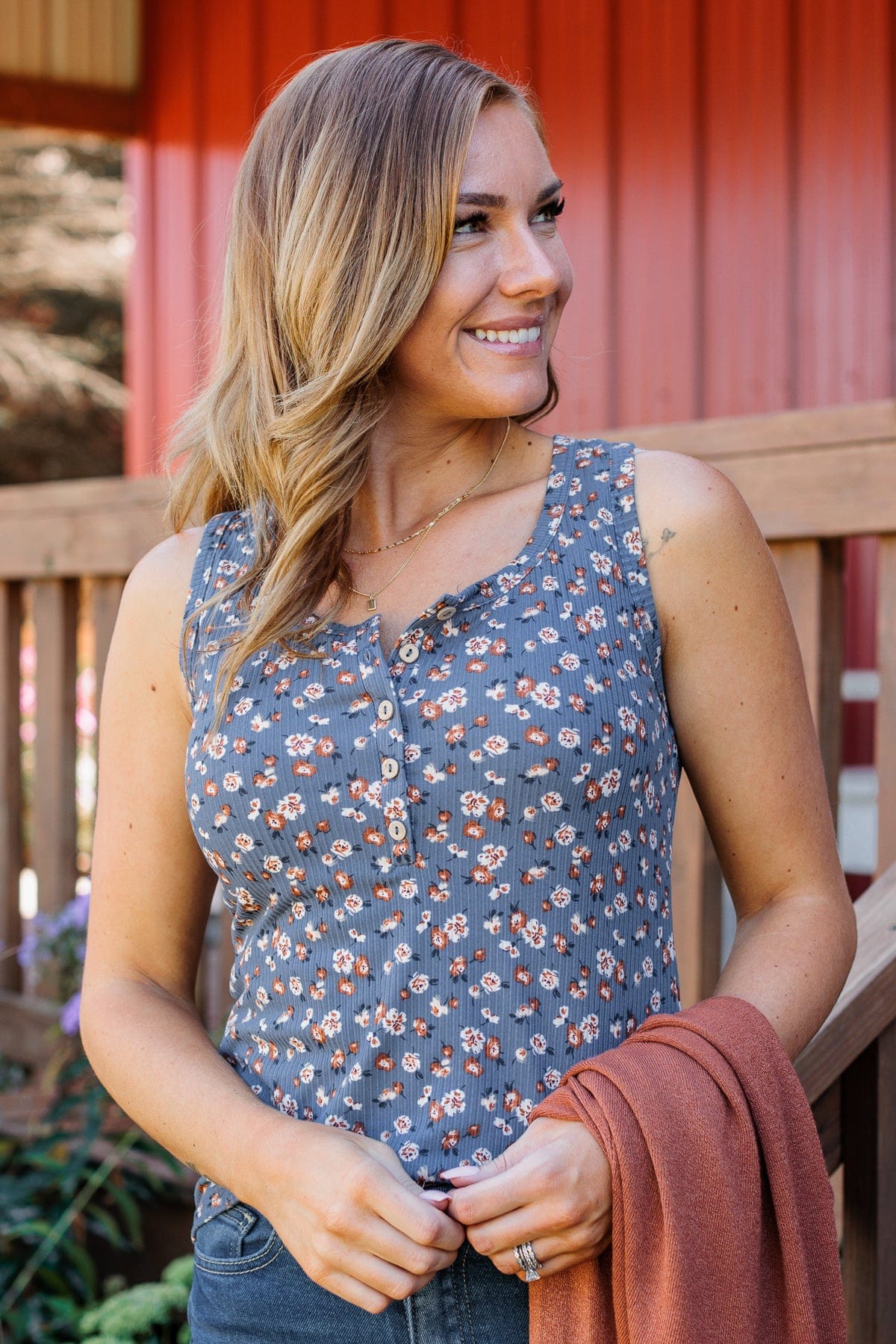 Bountiful Smiles Floral Tank Top- Dusty Blue - Image 4