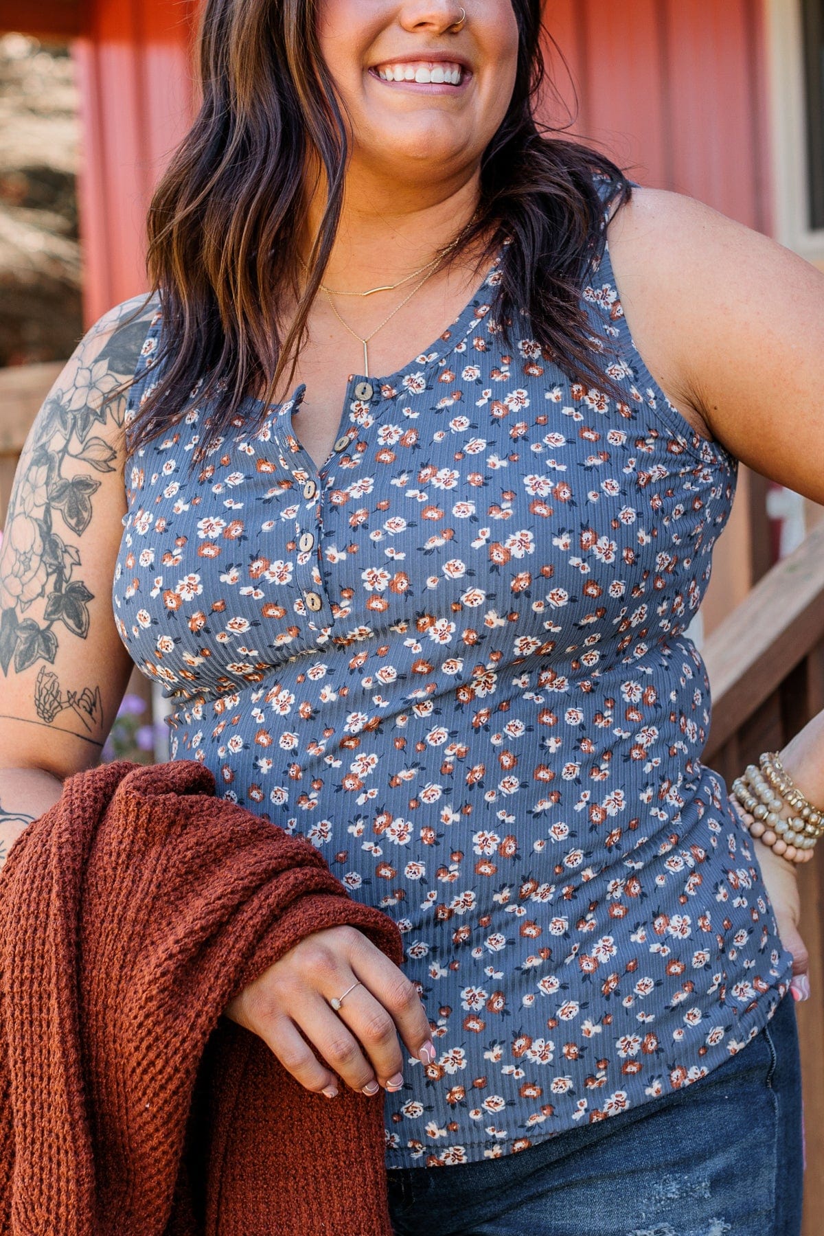 Bountiful Smiles Floral Tank Top- Dusty Blue - Image 5