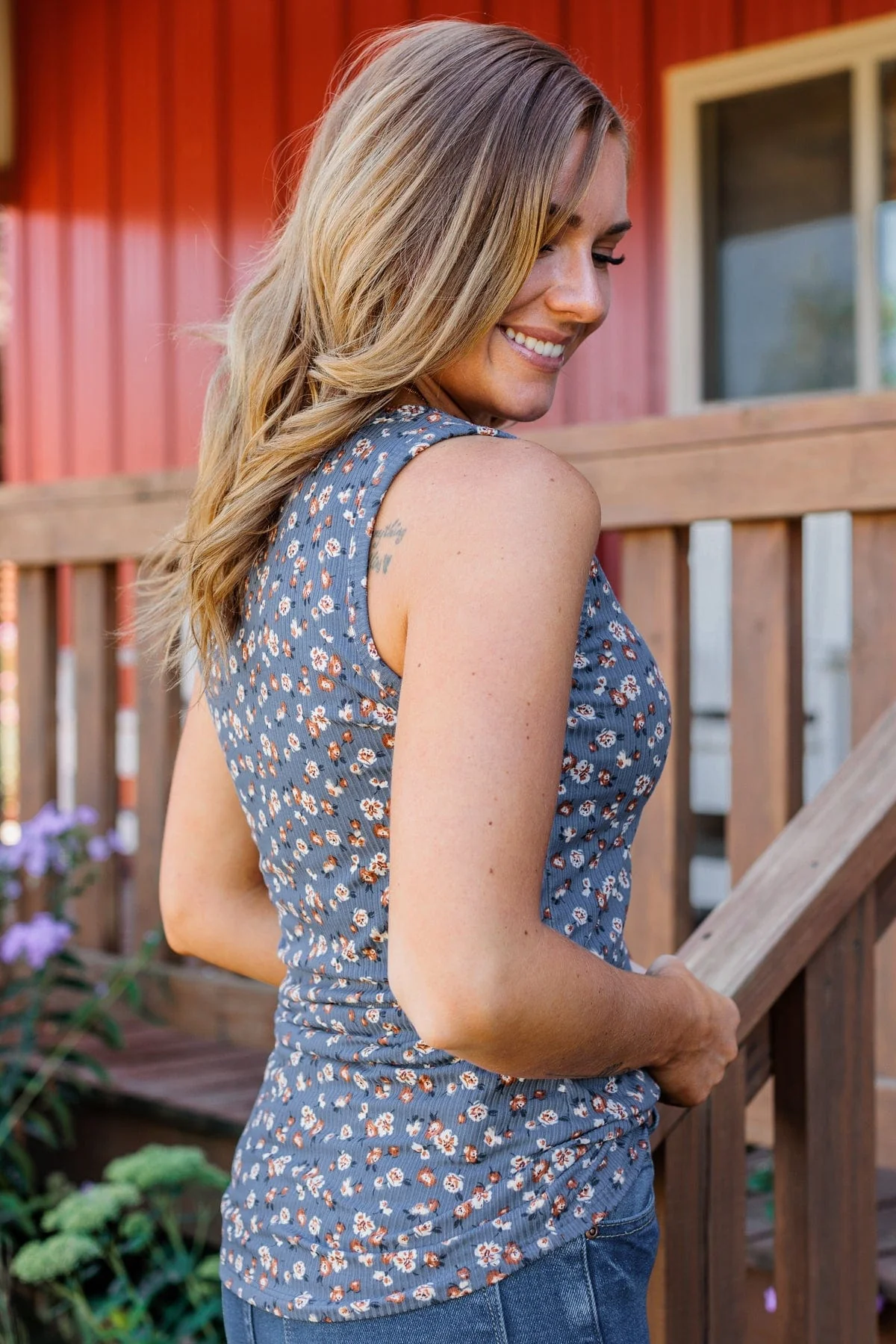 Bountiful Smiles Floral Tank Top- Dusty Blue - Image 7