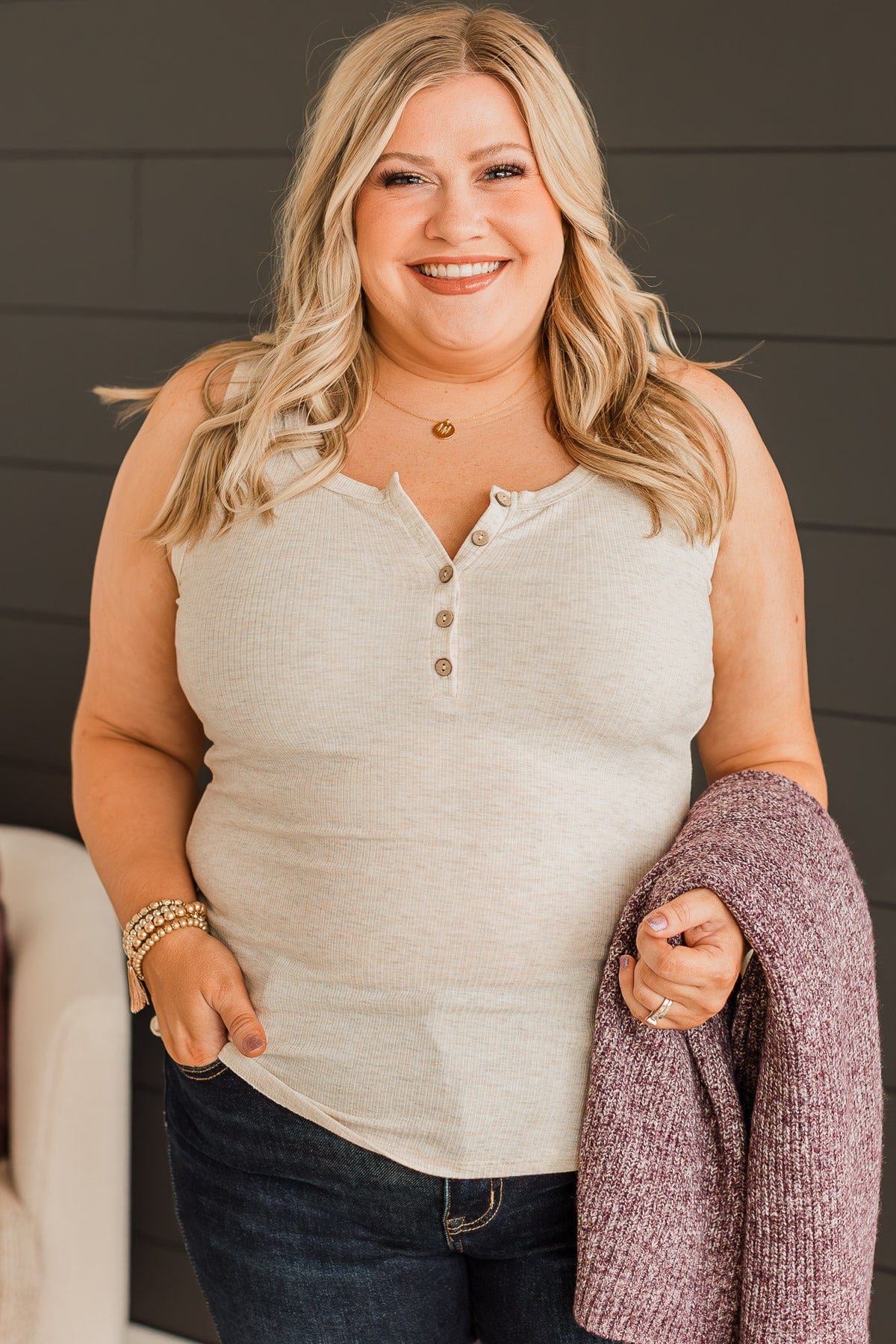 Bountiful Smiles Knit Tank Top- Oatmeal - Image 3