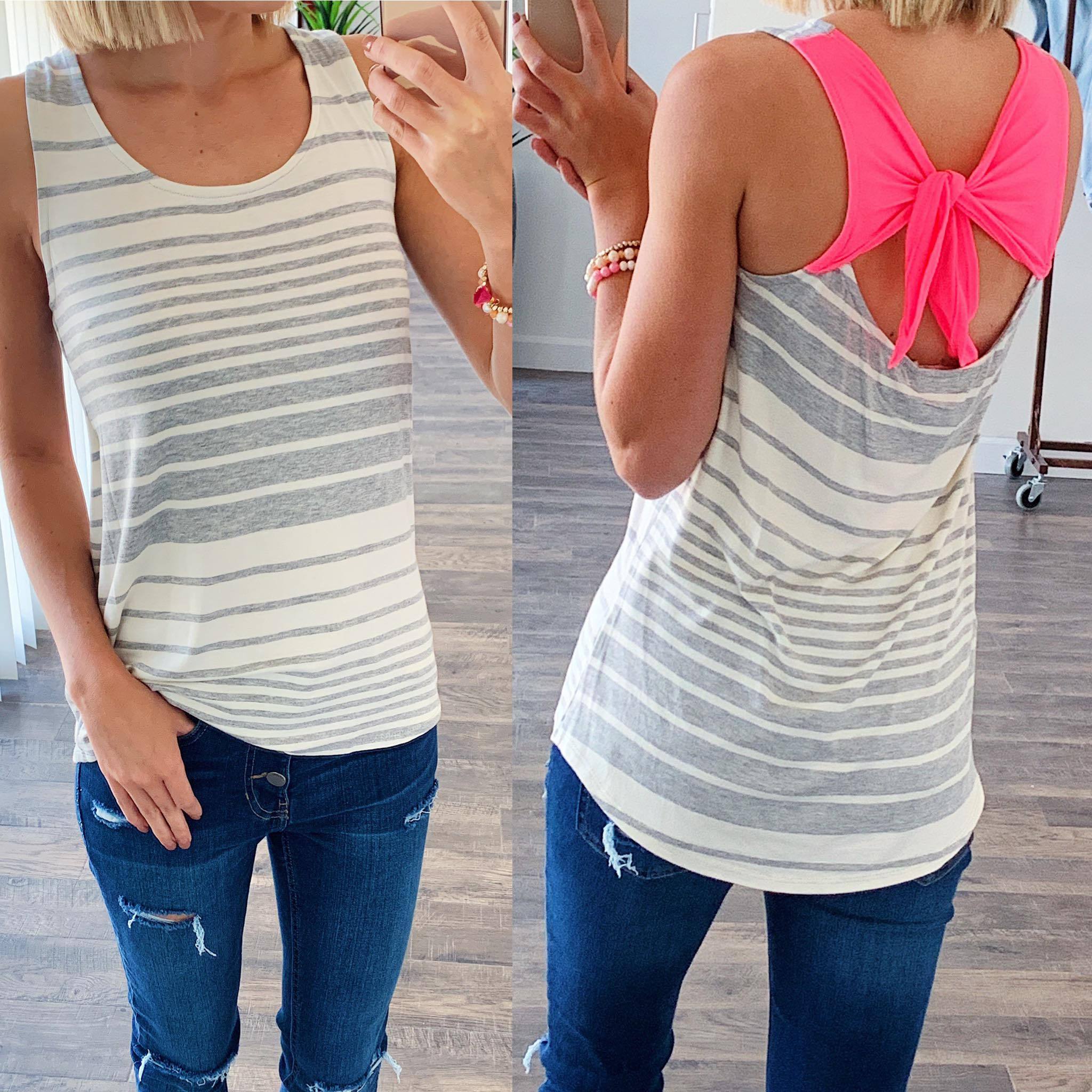 Bow Back Striped Tank Top- Grey & Ivory - Image 2