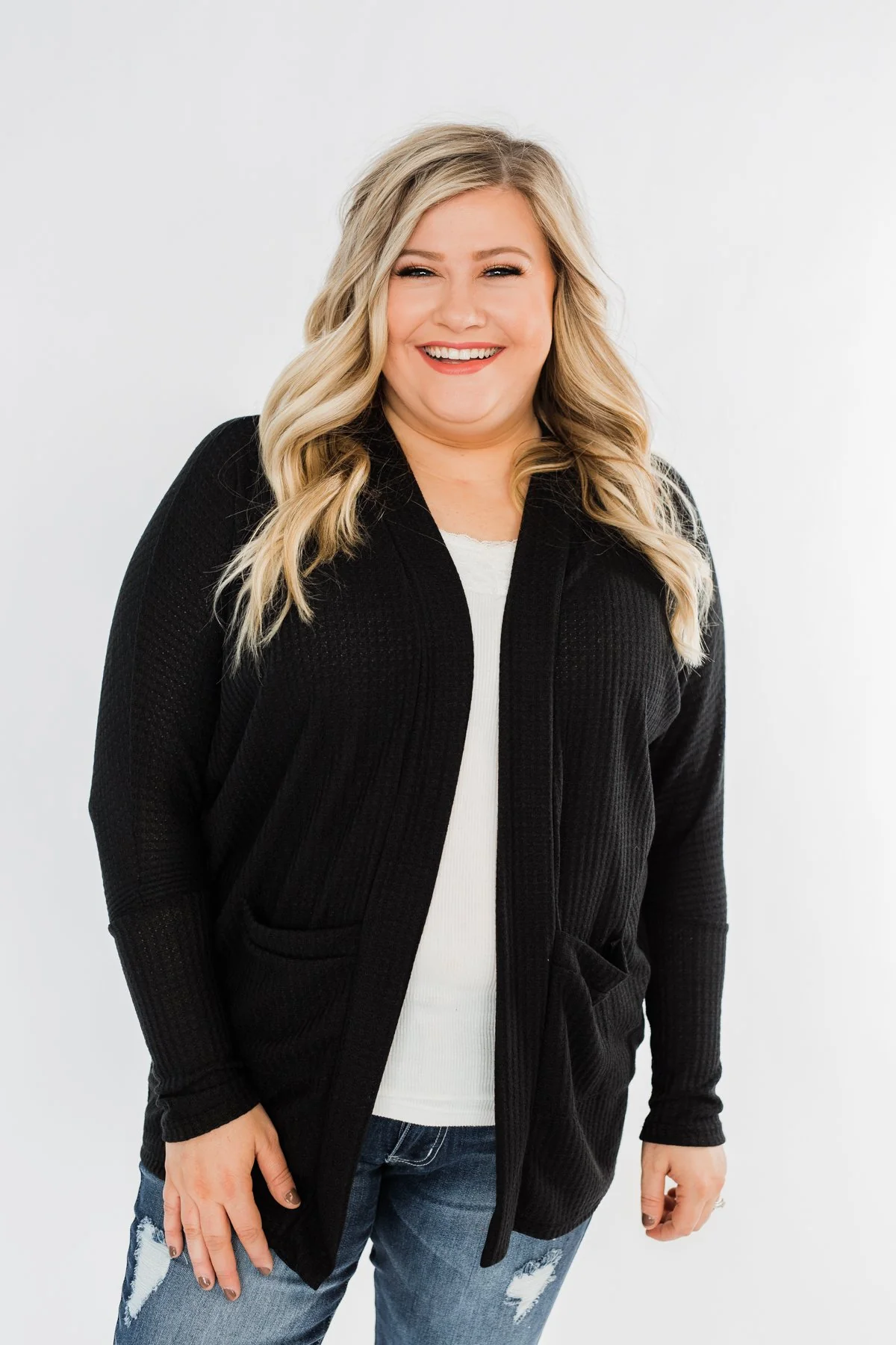 Break Free Waffle Knit Cardigan- Black - Image 2