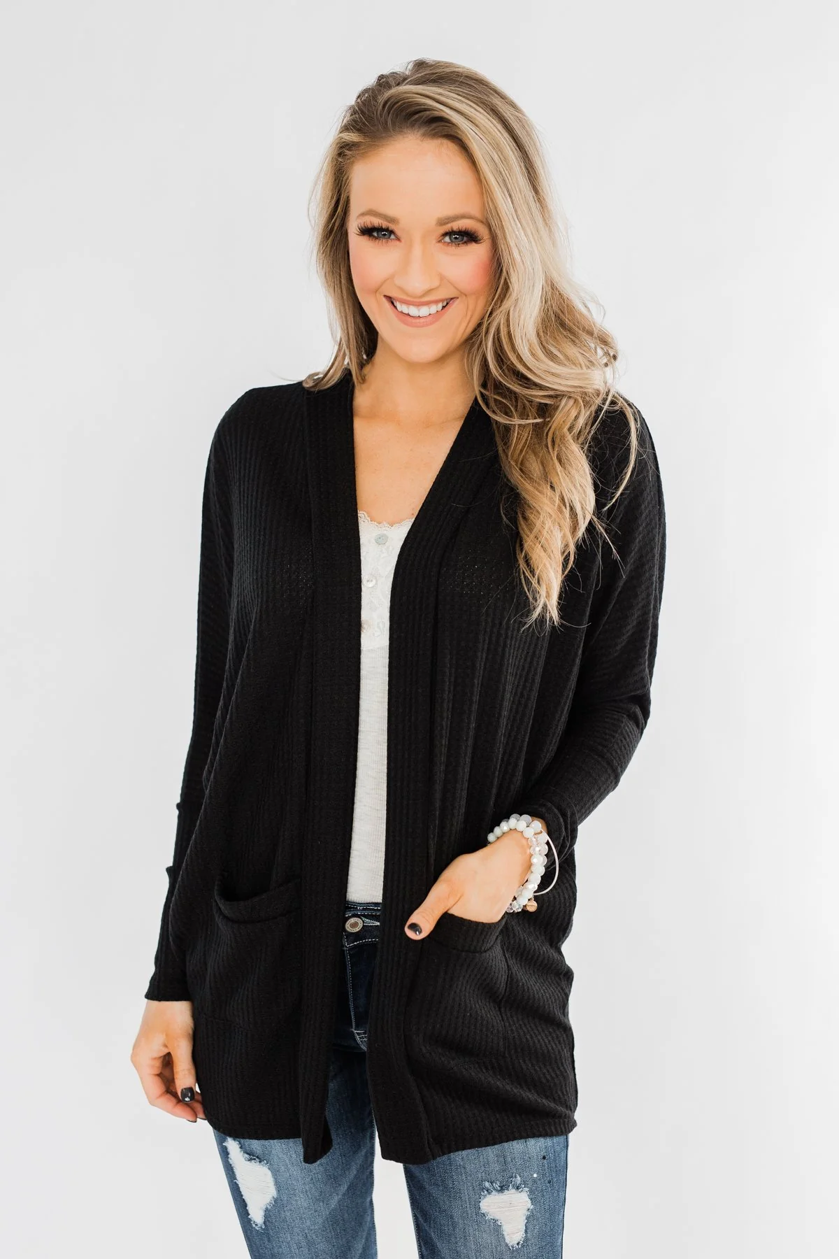 Break Free Waffle Knit Cardigan- Black - Image 3