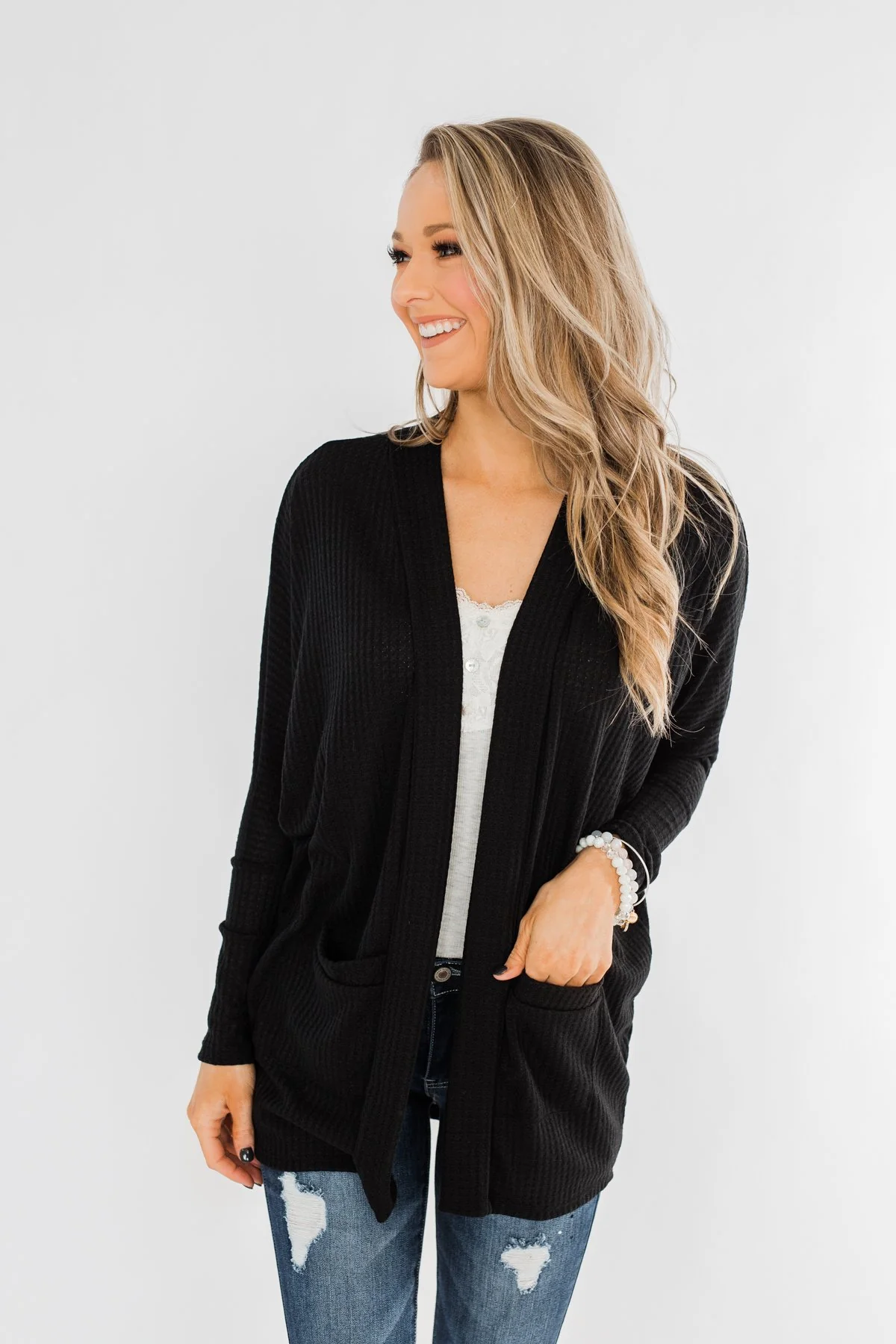 Break Free Waffle Knit Cardigan- Black - Image 5