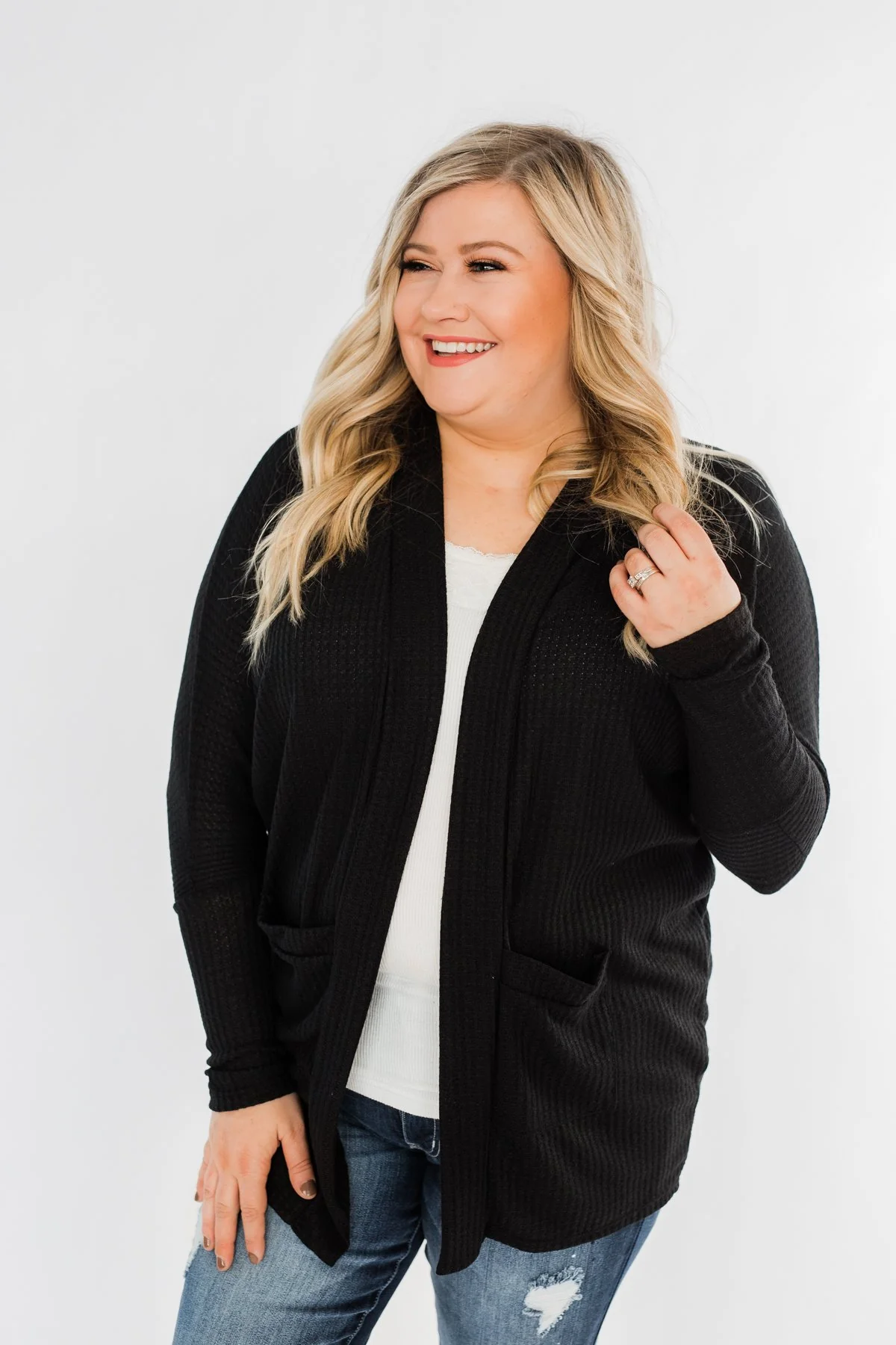 Break Free Waffle Knit Cardigan- Black - Image 6