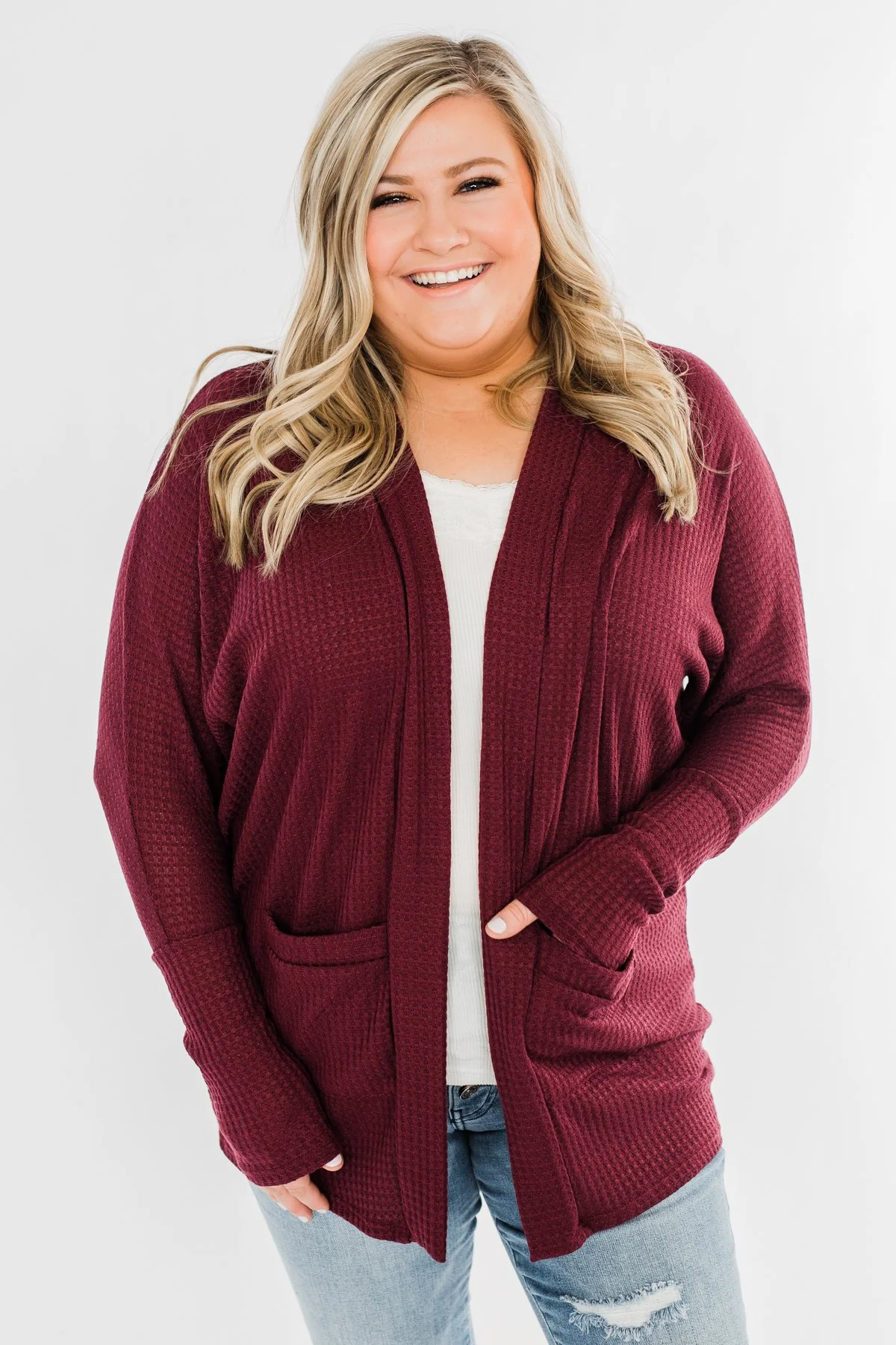 Break Free Waffle Knit Cardigan- Burgundy - Image 2