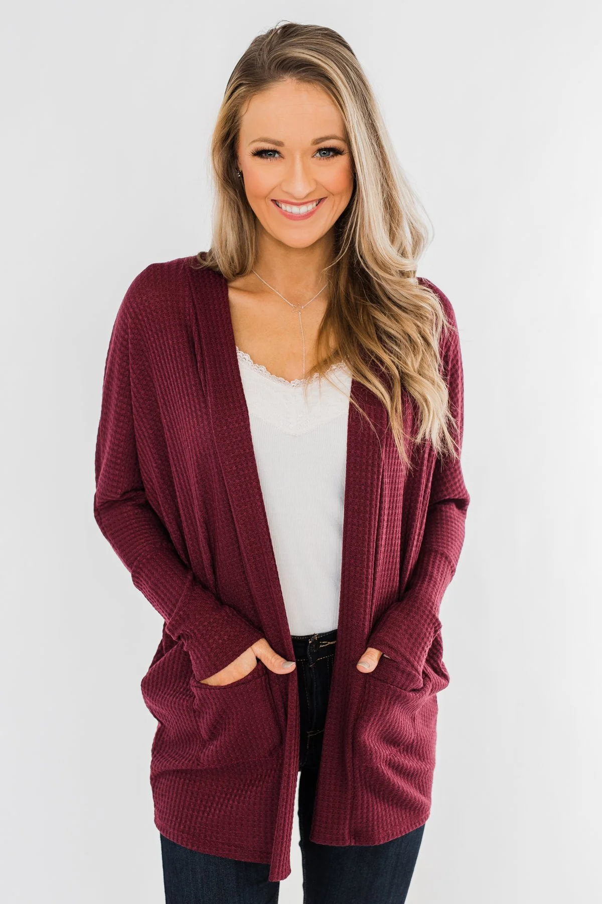 Break Free Waffle Knit Cardigan- Burgundy - Image 3