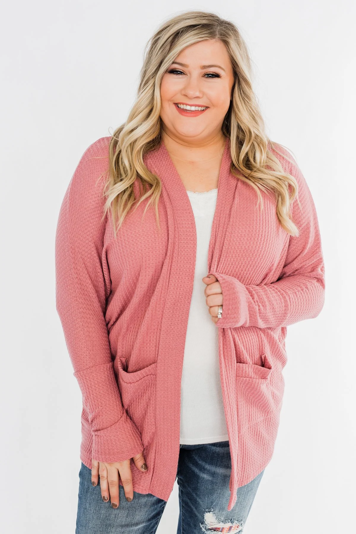Break Free Waffle Knit Cardigan- Dusty Rose - Image 2