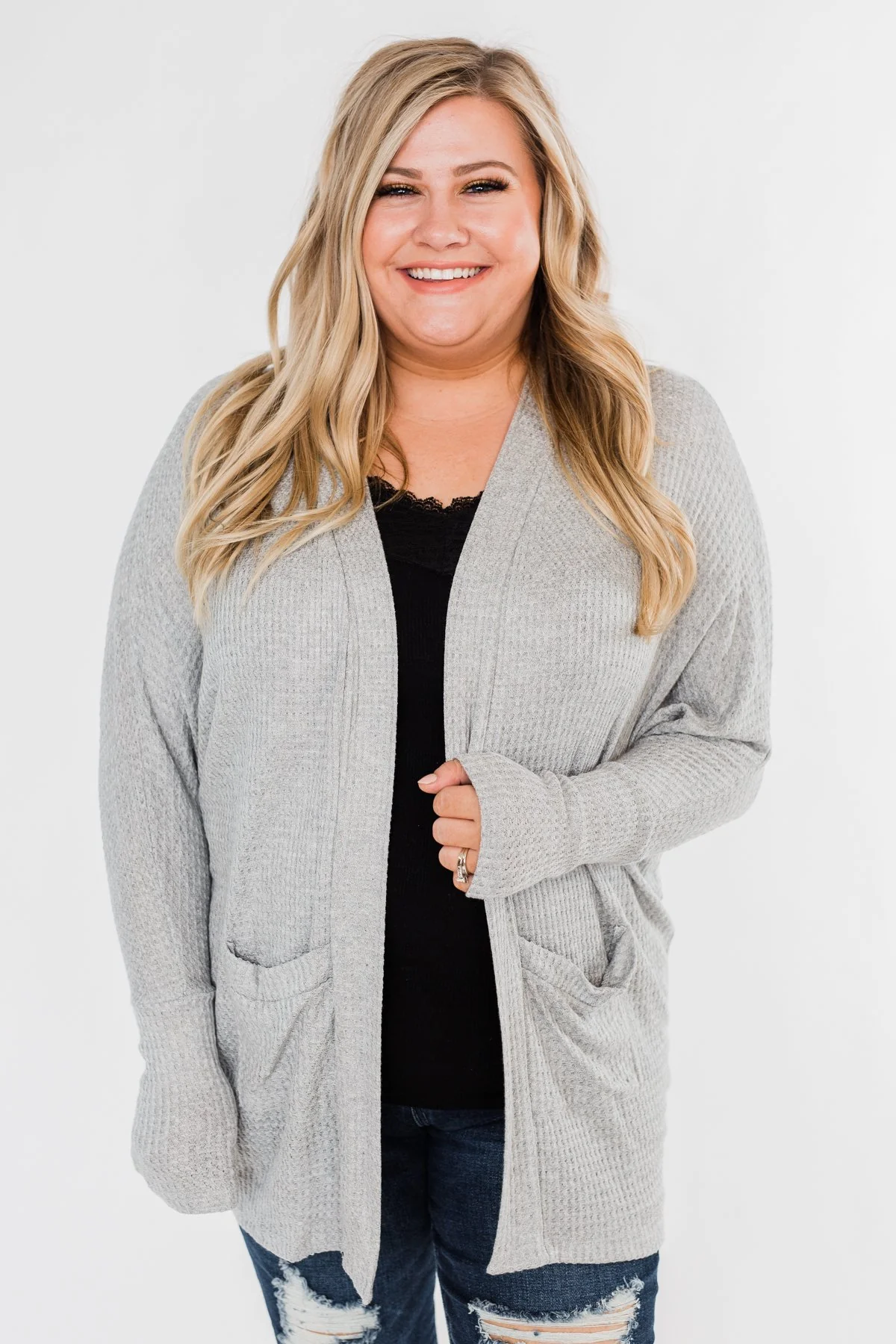 Break Free Waffle Knit Cardigan- Grey - Image 3