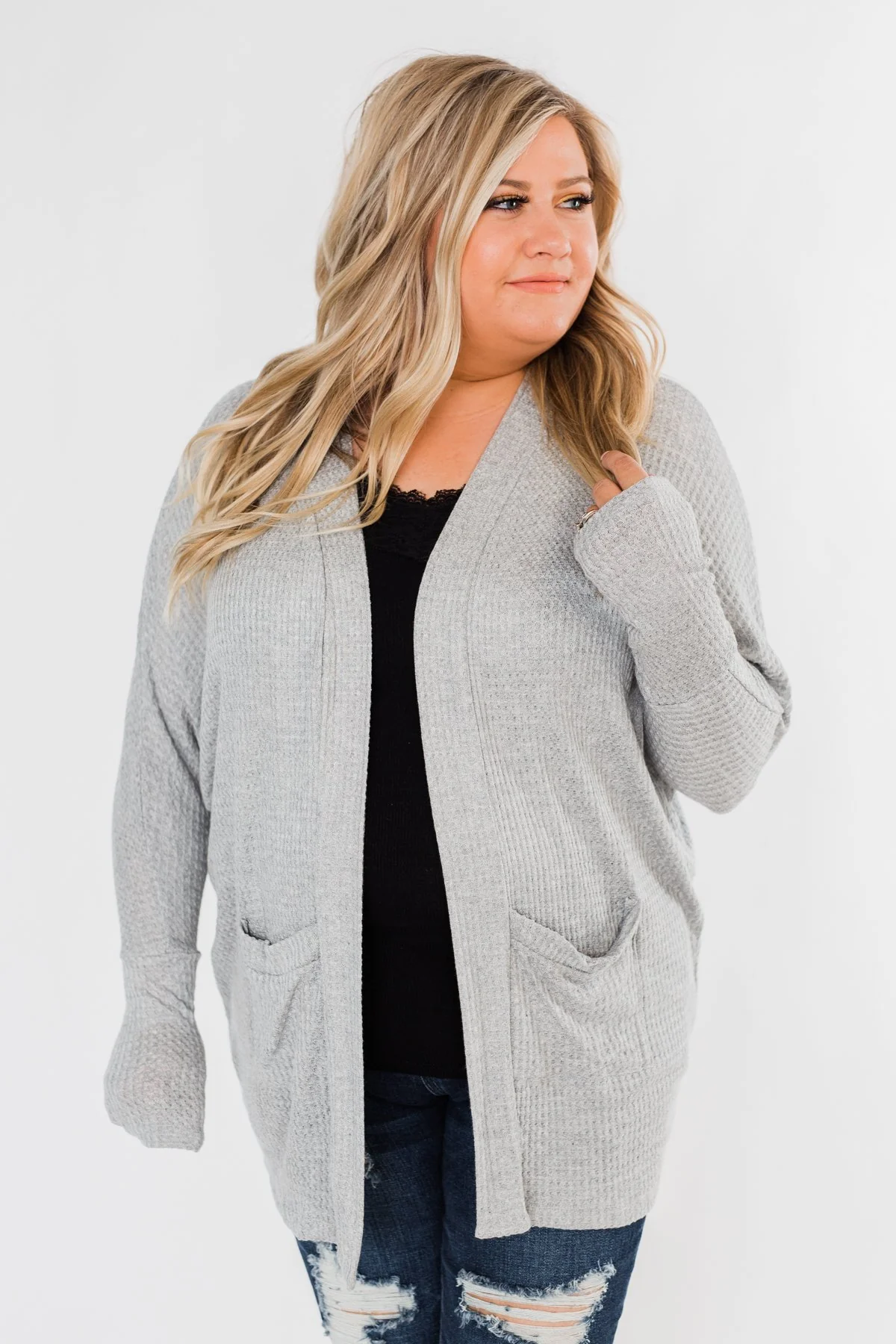 Break Free Waffle Knit Cardigan- Grey - Image 7