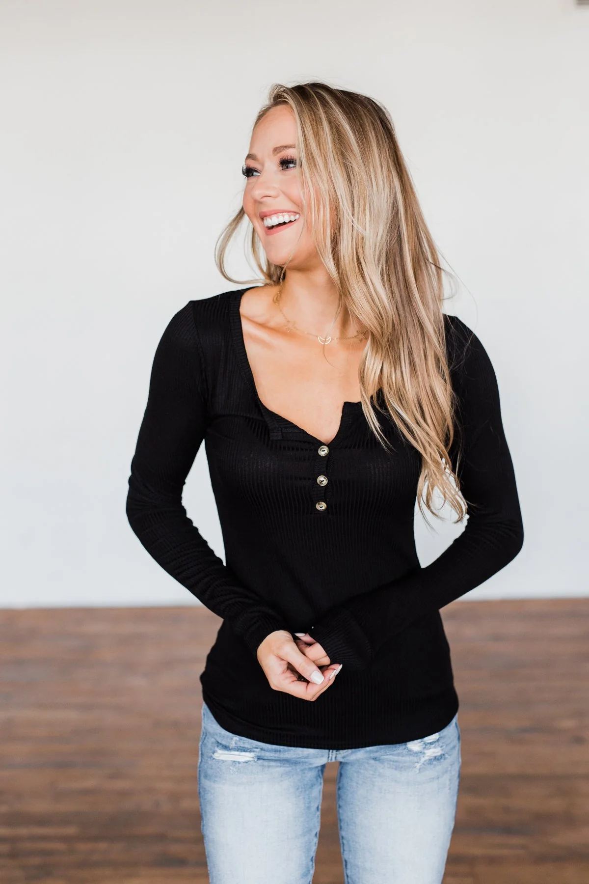 Break The Silence Button Henley Top- Black - Image 9