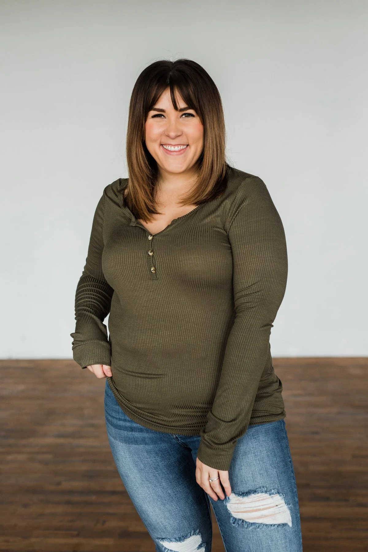 Break The Silence Button Henley Top- Olive - Image 4