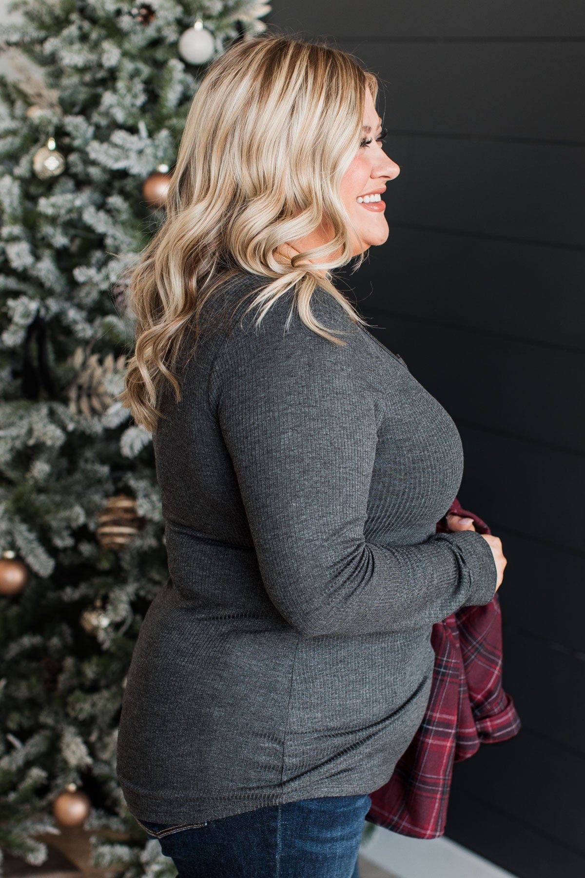 Break The Silence Knit Henley Top- Charcoal - Image 5